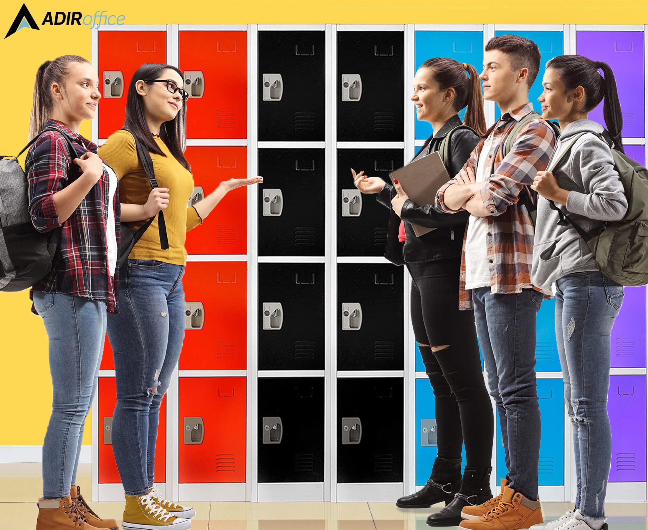 AdirOffice 4-Door Large School Locker with Hooks - Heavy Duty Garage & Office Storage Cabinet for Sports Equipment, Backpacks & Supplies (Black, 4-Door) - Perfect for Schools, Gyms & Home Organization