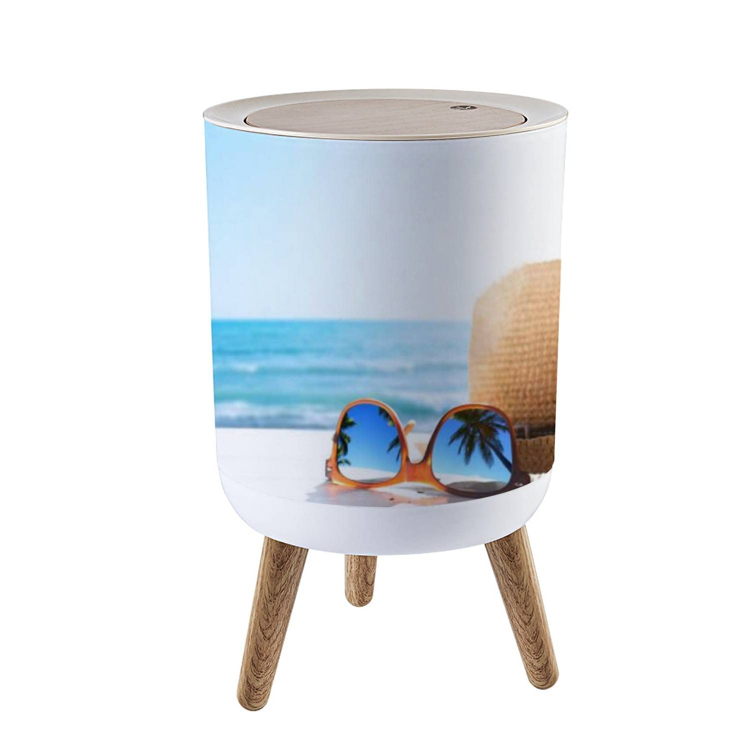 Small Trash Can with Lid - 1.8 Gallon Round Waste Bin with Press Cover, Dog Proof Garbage Bin for Kitchen, Bathroom & Living Room - Perfect for Summer Beach House Decor with Tropical Palm Tree Design
