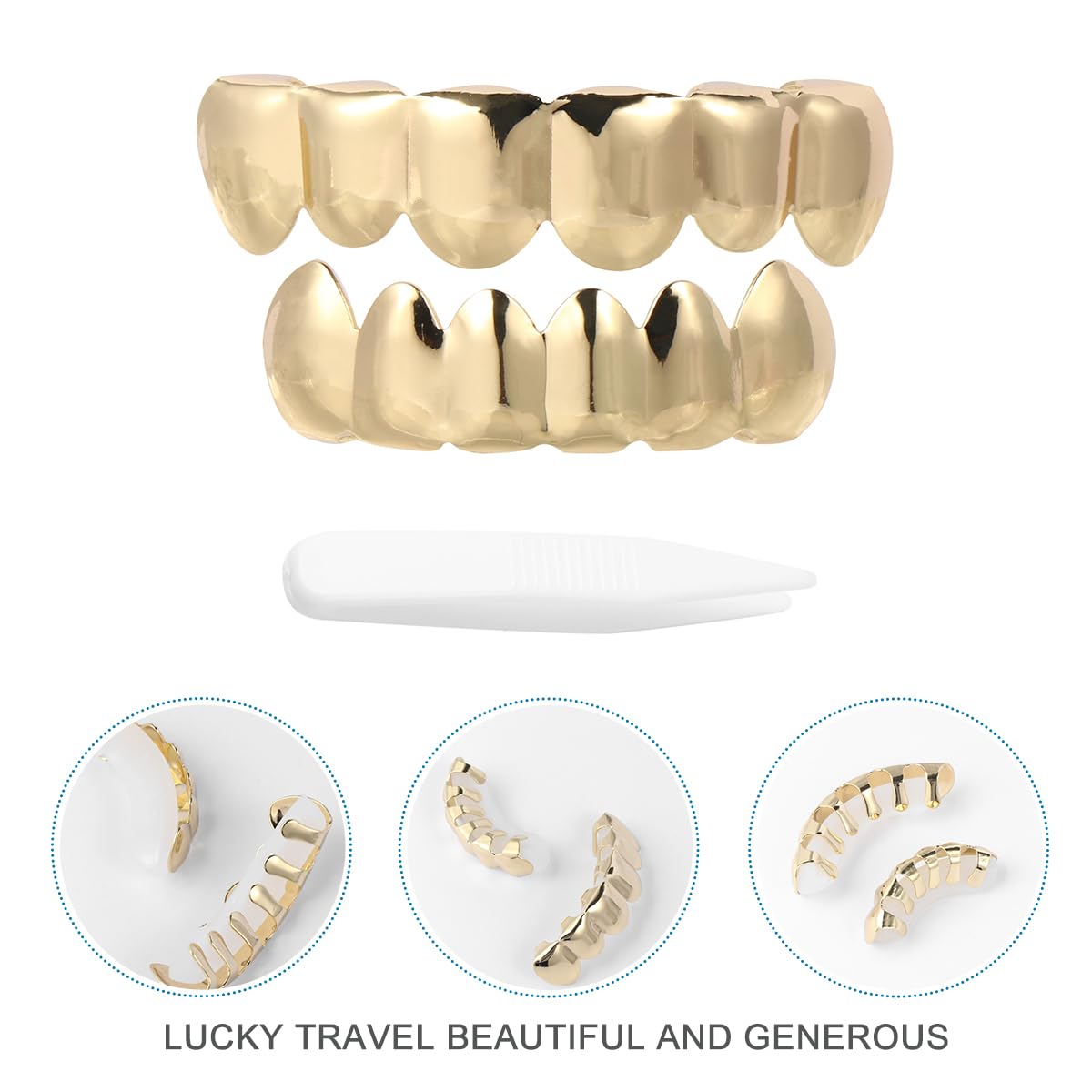 Shiny Gold Fake Teeth Set - Removable Hip Hop Costume Accessories for Adults & Kids - 90s Rapper Halloween Party Trick Joke Props | Perfect for Hip Hop Parties, Halloween Costumes, and Comedy Skits