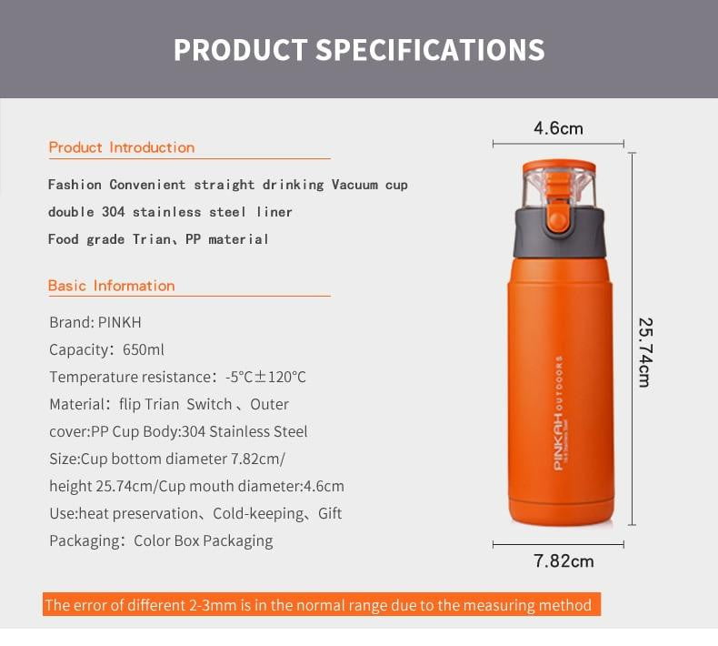 PINKAH 650ML Stainless Steel Vacuum Insulated Thermo Mug - Leak Proof Sport Style Outdoor Water Bottle for Hiking, Camping & Gym - Keeps Drinks Hot/Cold for 24 Hours