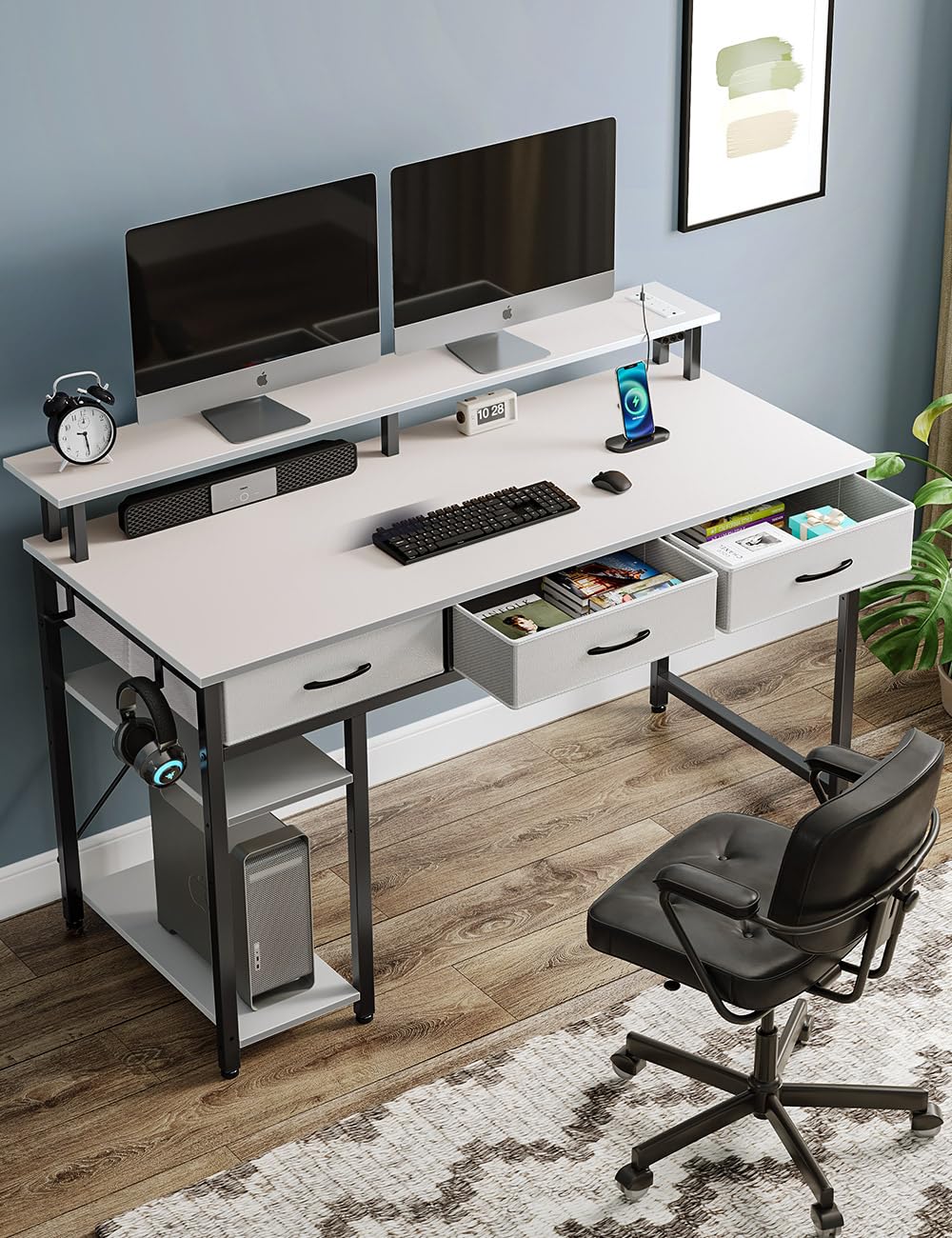 Rolanstar 39-inch Modern Computer Desk with Built-in Power Outlets & LED Light - Home Office Desk with 3 Drawers, Storage Shelves & Monitor Stand - Ergonomic Writing Workstation for Small Spaces (White) - Perfect for Remote Work, Gaming & Study Setup