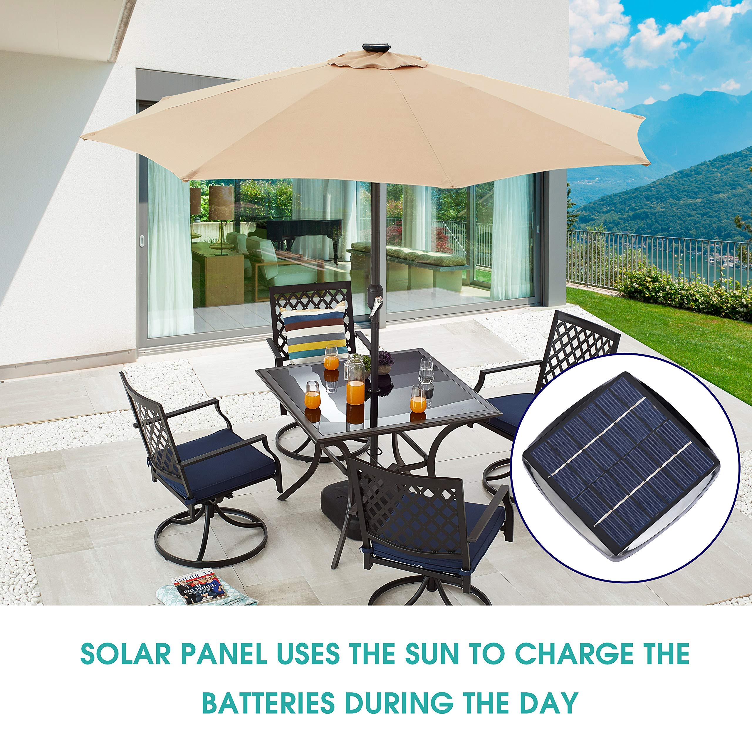 LOKATSE HOME 8.8FT Solar Powered Outdoor Patio Umbrella with 8 LED Lights - Aluminum Ribs, Central Hug Light, Crank & Tilt Mechanism for Garden, Deck, Poolside & Outdoor Dining Areas | Perfect for Backyard, Patio Furniture and Summer Relaxation