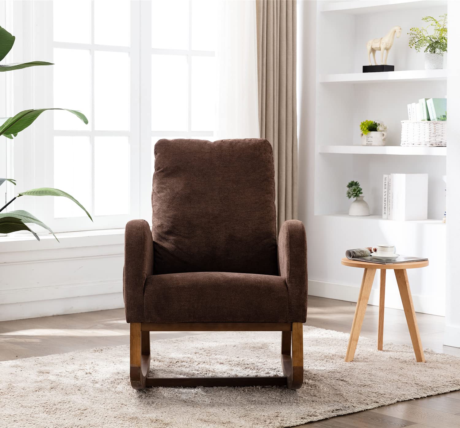 Antetek Modern Upholstered Rocking Chair - Nursery Glider Rocker for Baby & Kids, Comfortable High Back Armchair with Side Pocket - Perfect for Living Room, Nursery, or Bedroom (Coffee)
