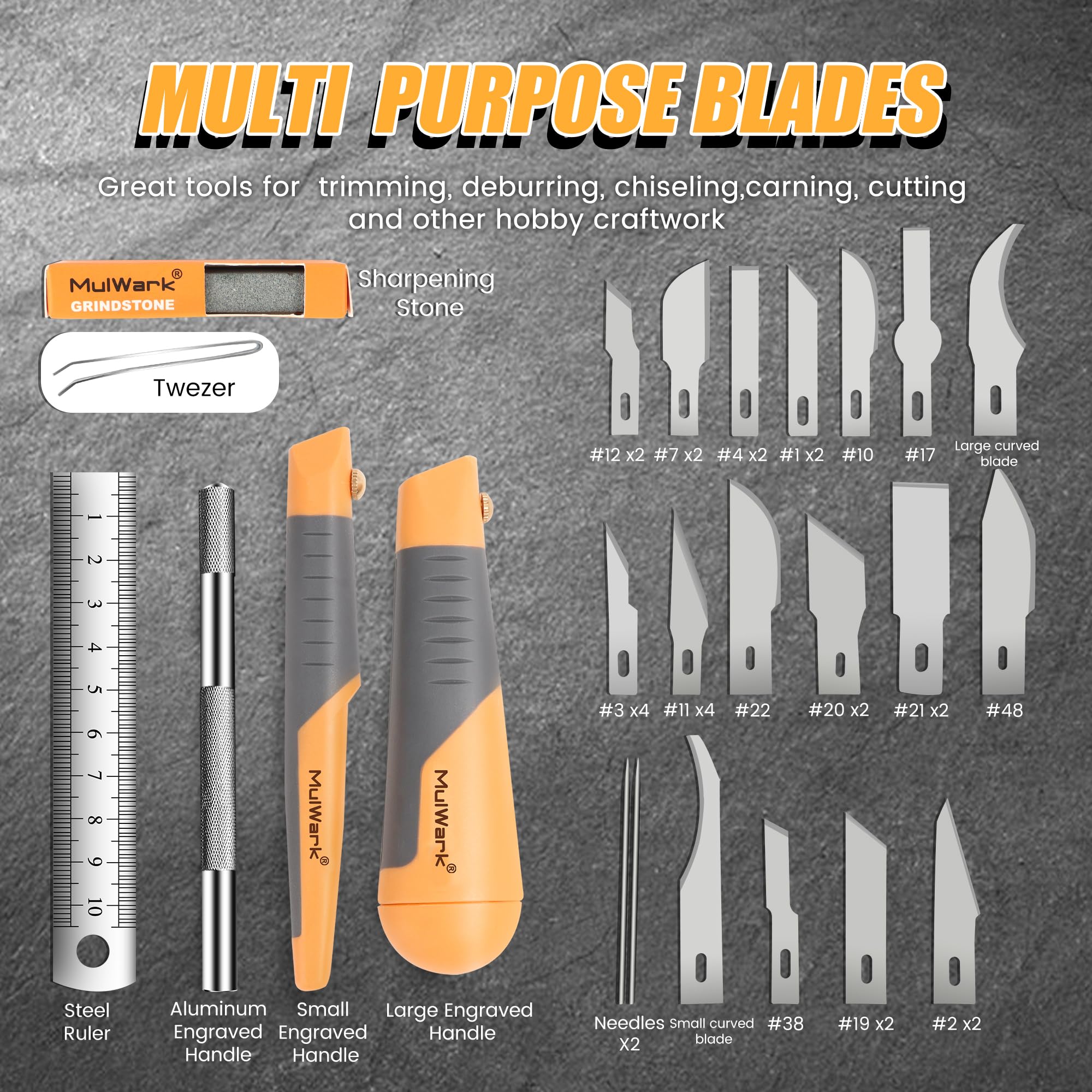MulWark 41-Piece Precision Hobby Knife Set with Sharpening Stone & Steel Ruler - Exacto Knife for Modeling, Crafts, Woodworking - Includes Chisel, Stencil & Fine Point Blades - Perfect for DIY Projects, Art Creations & Detailed Carving