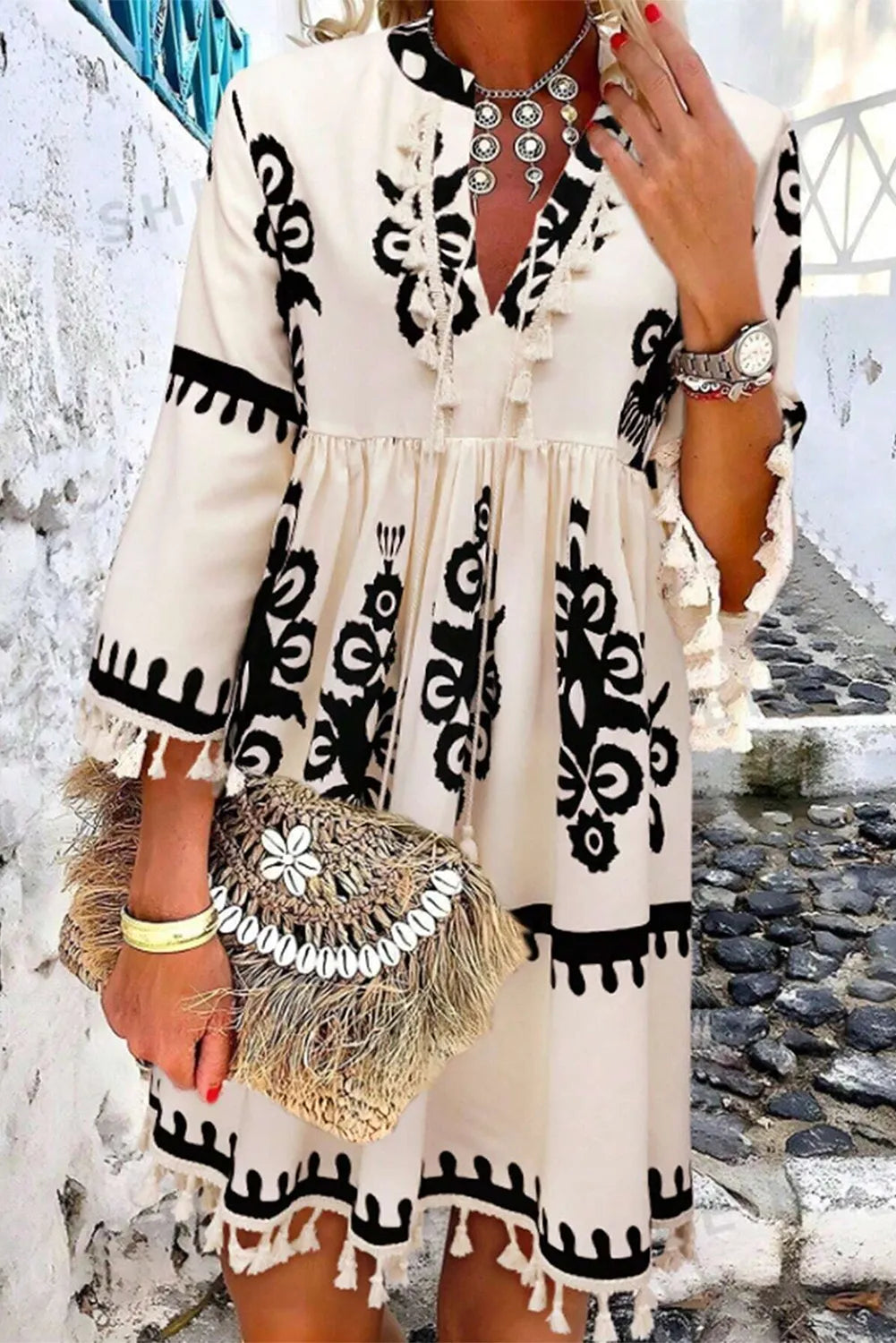 Flowy Tassel Print Short Sleeve Mini Dress for Women - Beach Vacation, Summer Party & Resort Wear