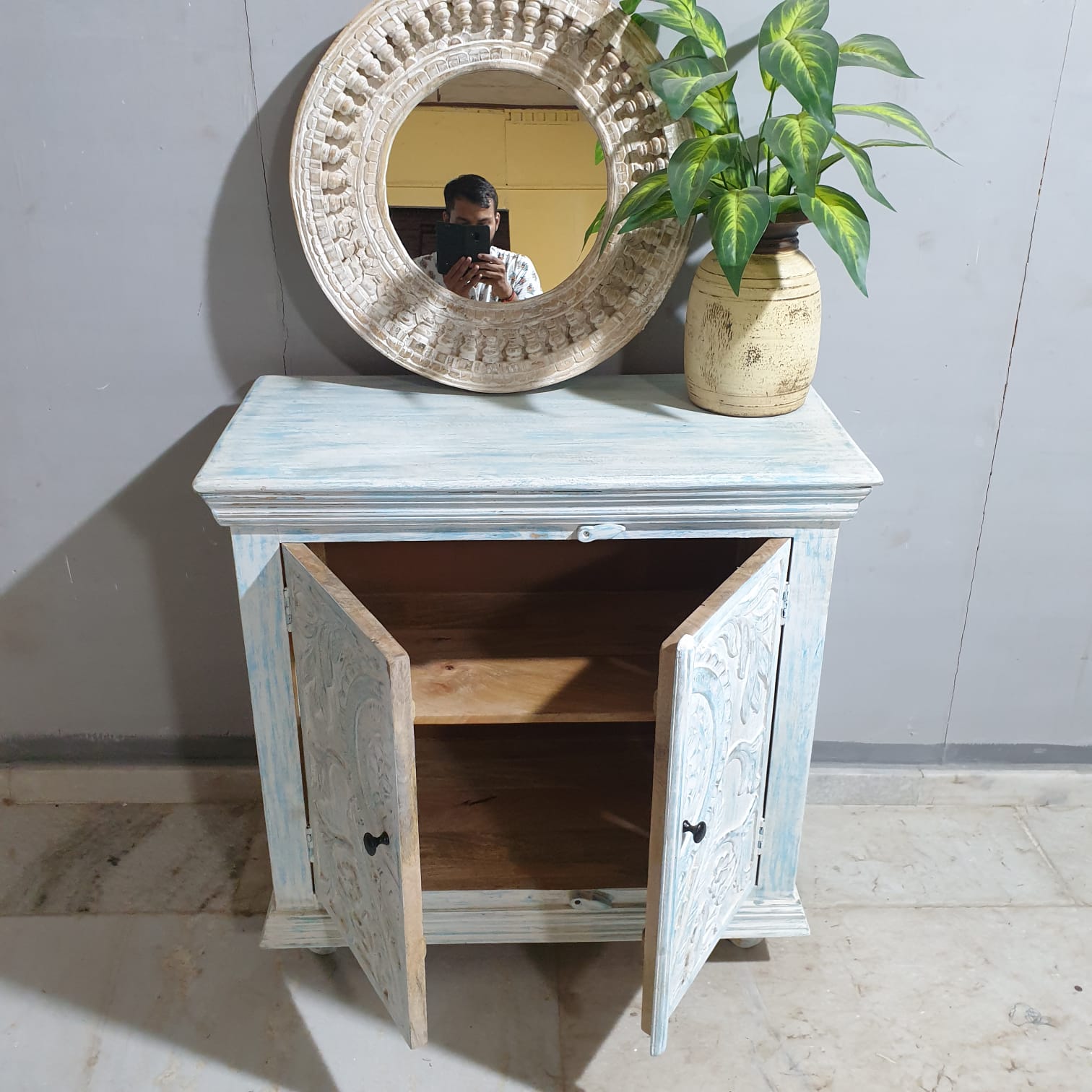 Handmade Carved Indian Solid Mango Wood Cabinet - 2 Door Bluewash Storage Furniture for Living Room, Bedroom & Entryway Decor