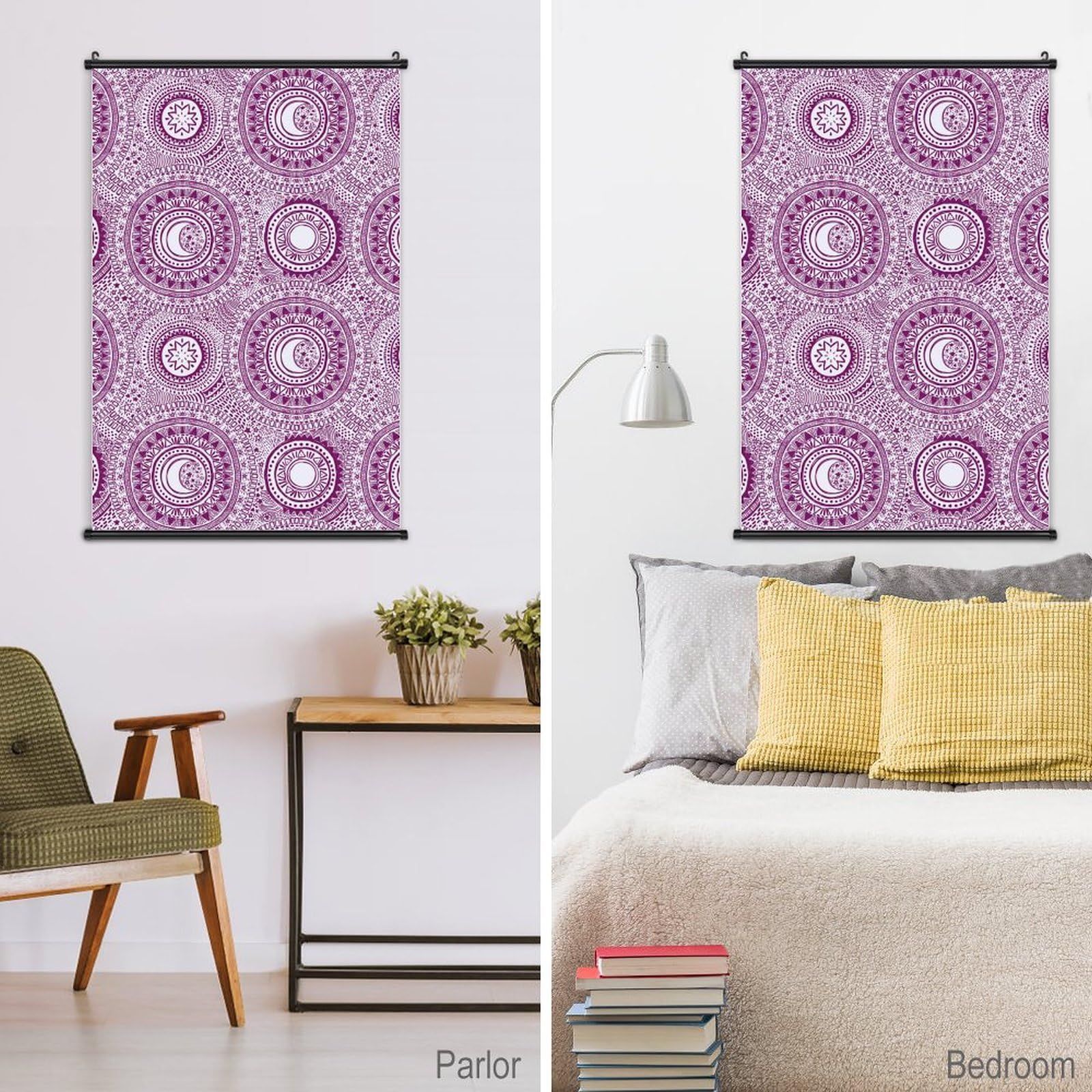 Lilac Mandala Stars and Moons Wall Art Canvas Print - Boho Home Decor for Living Room, Bedroom & Office - Perfect for Meditation Spaces and Spiritual Decor