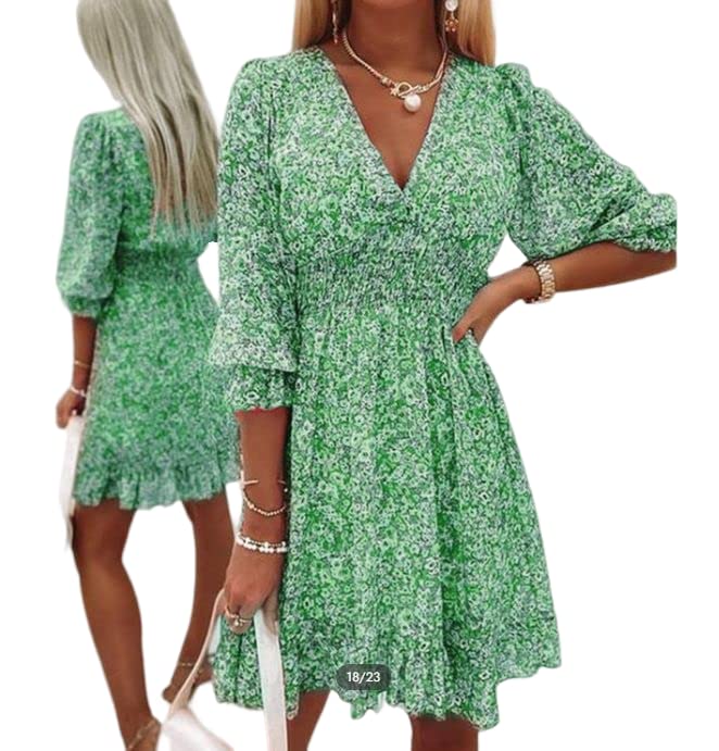 Women's Floral Print Deep V Neck Lantern Sleeve Mini Sun Dress - Casual Boho Summer Dress for Beach, Vacation & Outdoor Parties