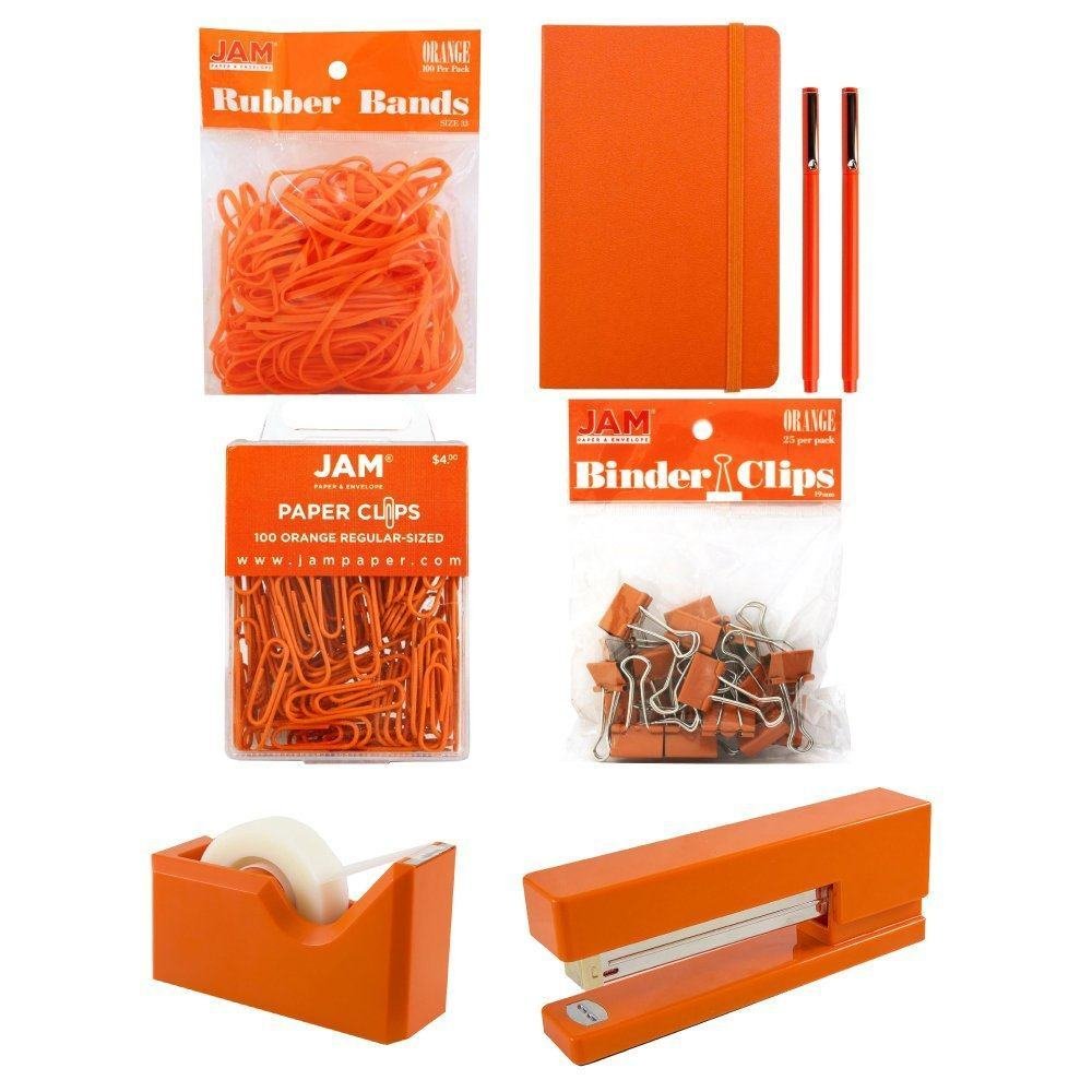 JAM PAPER Complete Desk Kit - Orange Office Supplies Set with Stapler, Tape Dispenser, Journal, Pens, Rubber Bands, Paper Clips & Binder Clips - 7 Piece Pack for Home Office, School & Work Organization