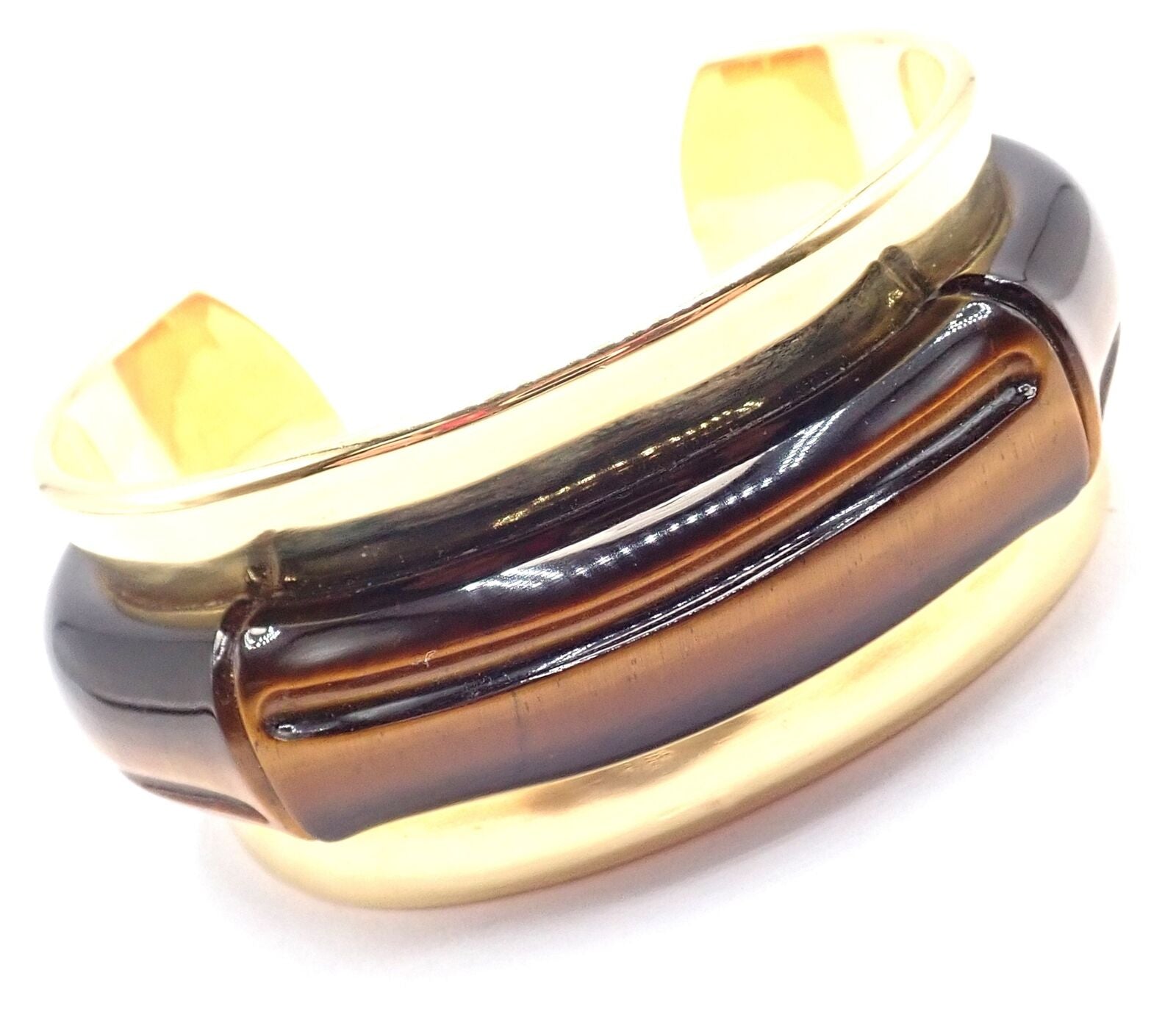 Authentic Tiffany & Co 18K Yellow Gold Tiger Eye Bangle Cuff Wide Bracelet for Women - Luxury Statement Jewelry for Parties, Weddings & Special Occasions