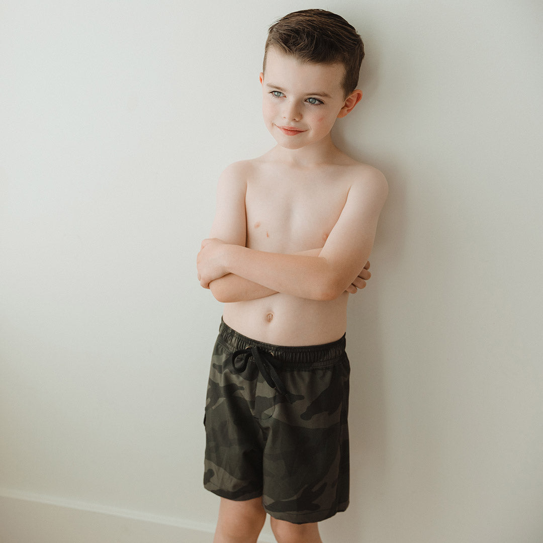 Camo Jr. Swim Trunks for Boys - Quick Dry Kids Swim Shorts with UPF 50+ Sun Protection - Perfect for Pool, Beach, and Summer Water Activities