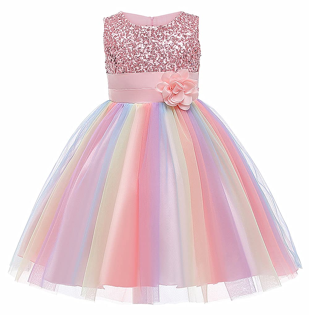 Sparkly Rainbow Sequin Flower Girl Dress with Mesh Tulle & Lace - Princess Ball Gown for Birthday Party, Wedding, Prom & Special Occasions