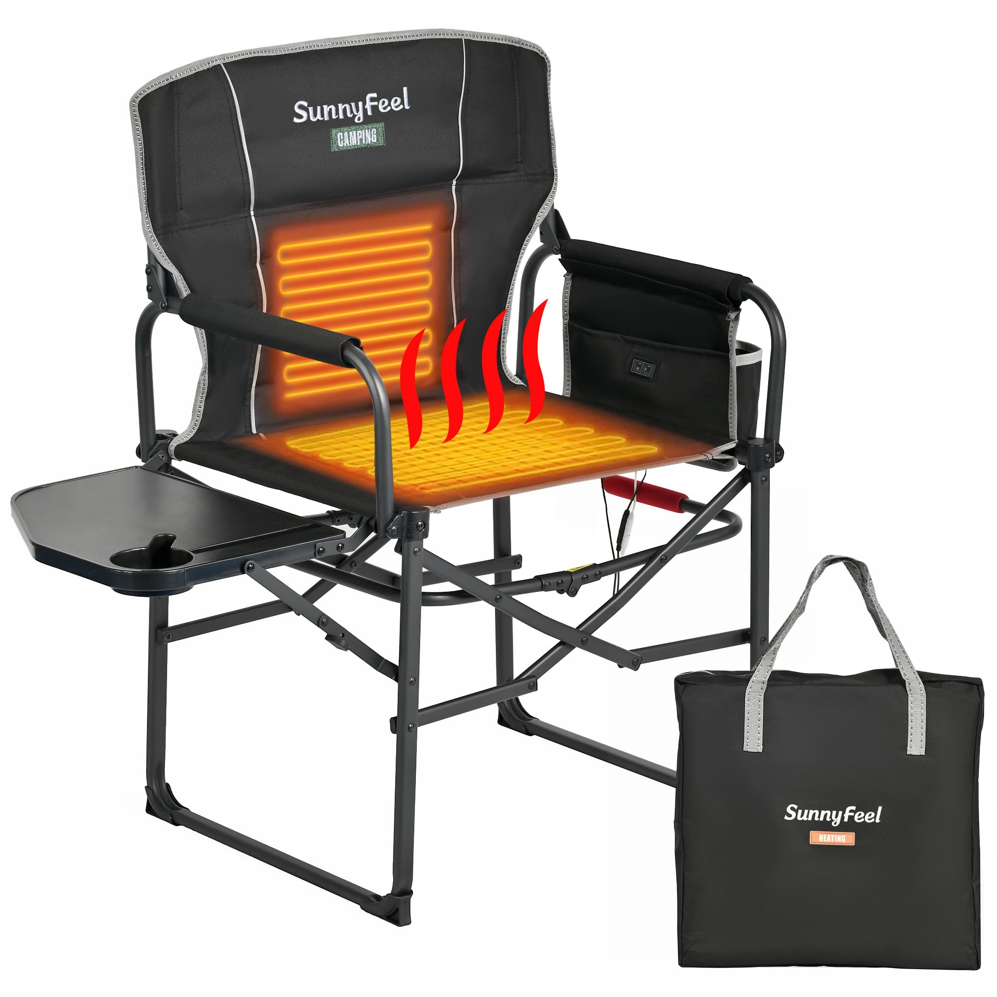 **SUNNYFEEL Heavy Duty Oversized Heated Camping Director's Chair - Portable Folding Chair with Side Table & Storage Pocket - Perfect for Beach, Fishing, Picnic, Lawn, Concert & Outdoor Adventures**    *(Use Scenarios: Ideal for camping trips, backyard relaxation, beach outings, fishing excursions, outdoor concerts, and picnics.)*