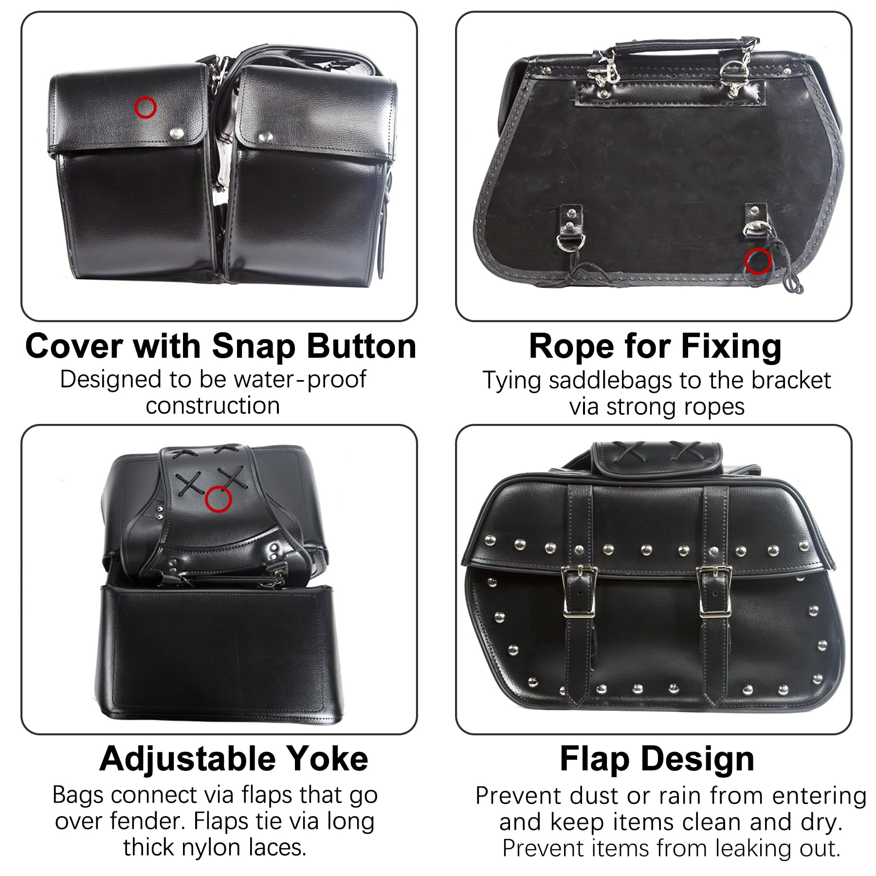 Dream Apparel Faux Leather Motorcycle Saddle Bags - Studded Throw Over Side Bags for Honda Shadow, Sportster, Softail & Dyna V-Star | Waterproof PVC Motorcycle Storage | Perfect for Cruiser Bikes, Road Trips & Daily Commuting (Black)