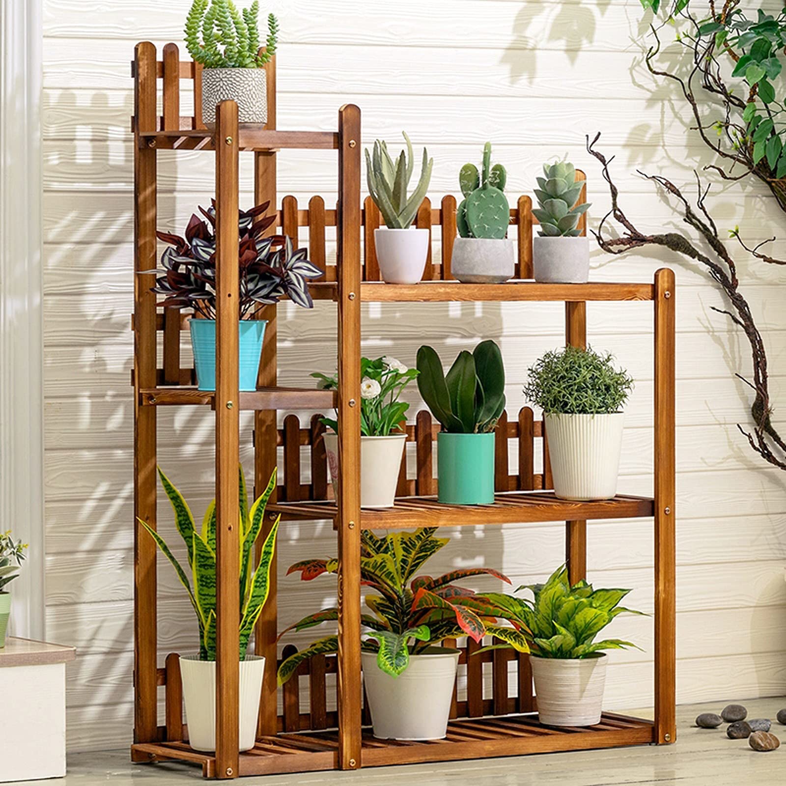 3 Tier Plant Stand Shelf - Indoor & Outdoor Flower Pot Holder Rack for Multiple Plants - Durable Planter Display Shelving (Yellow) - Perfect for Balcony, Garden, and Home Decor