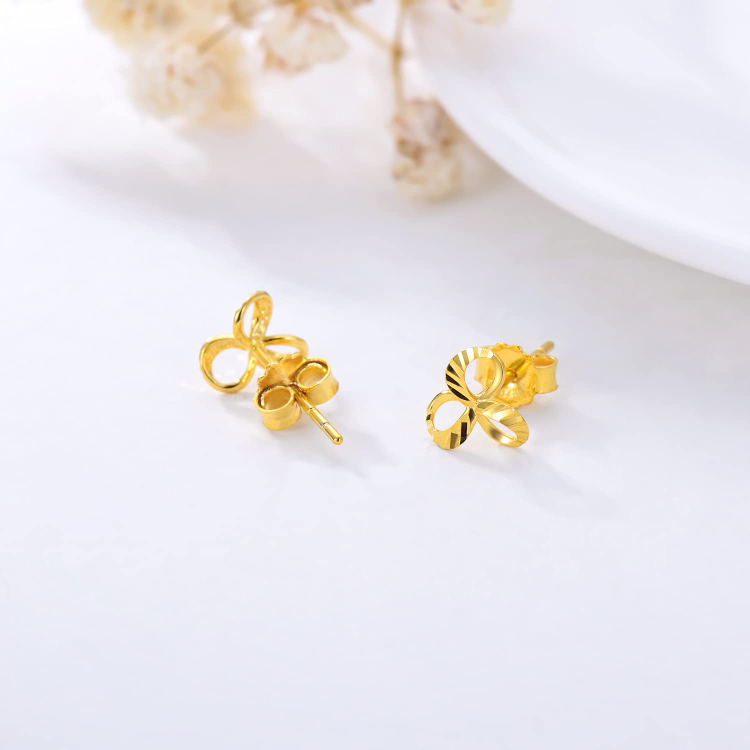18K Solid Gold Knot Stud Earrings for Women - Real Gold Diamond-Cut Flower Earrings - Elegant Gift for Anniversary, Birthday & Everyday Wear