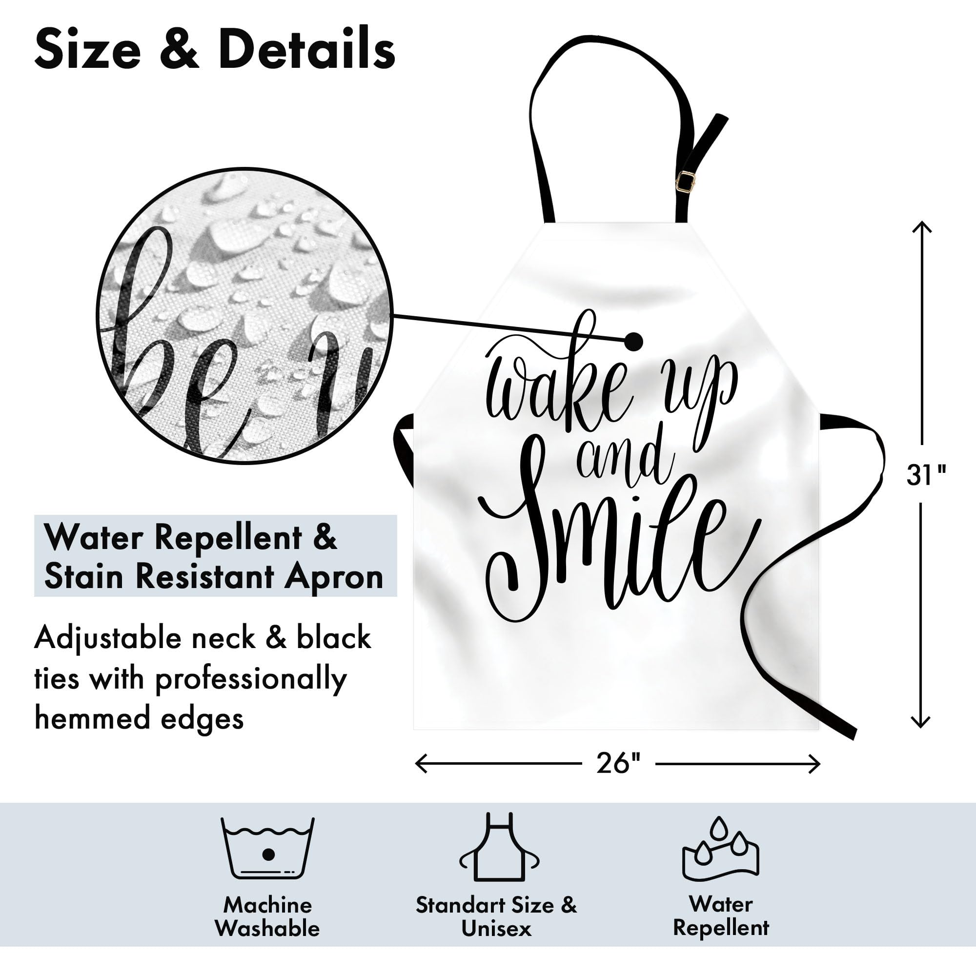 Ambesonne Wake Up and Smile Adjustable Apron - Unisex Kitchen Bib for Cooking, Baking & Gardening - Positive Calligraphy Design in Charcoal Grey & White - Perfect for Home Chefs, BBQ Parties & DIY Enthusiasts