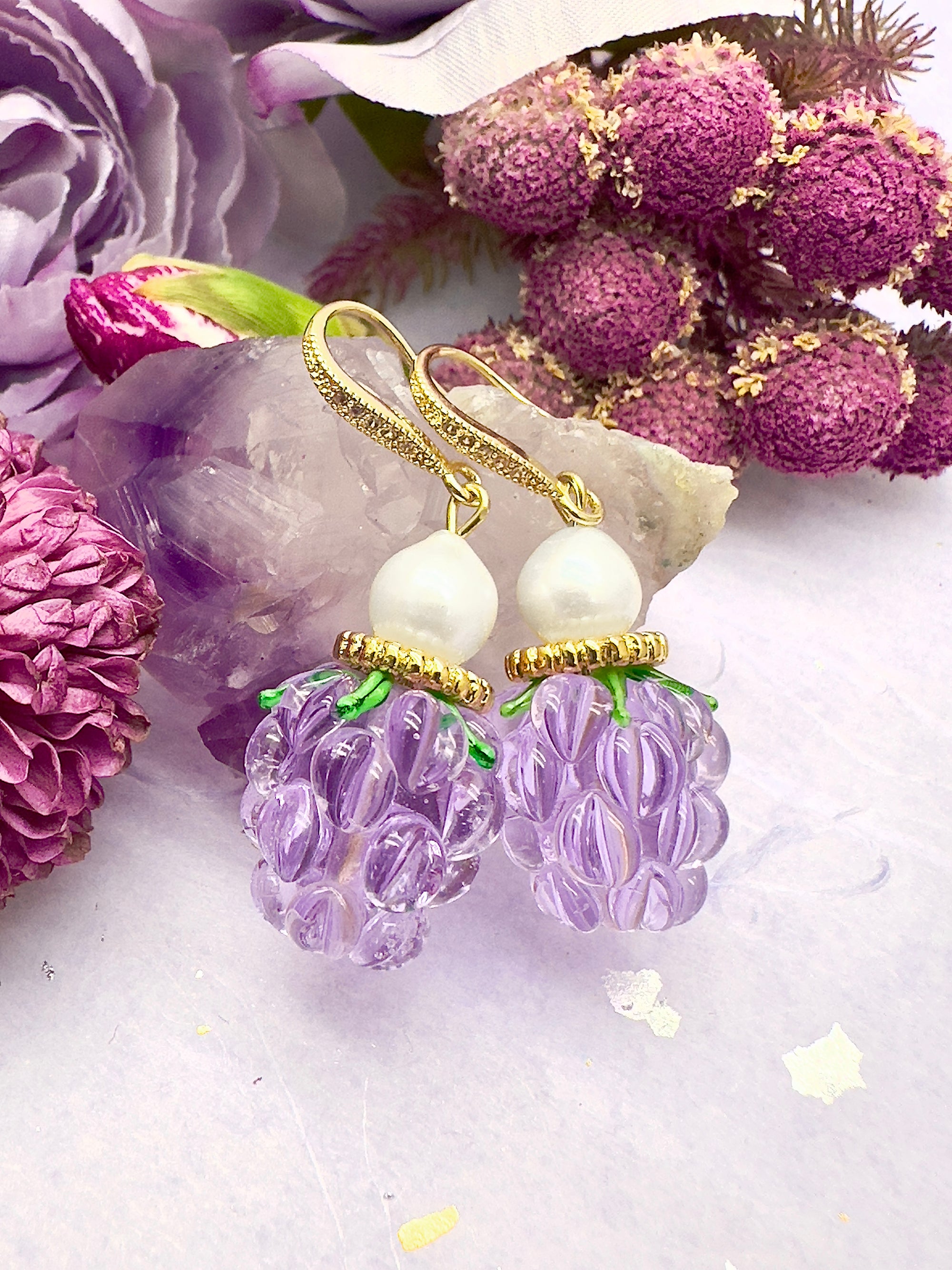 Elegant Purple Glass Raspberry & Freshwater Pearl Earrings LE015 - Perfect for Weddings, Parties & Special Occasions