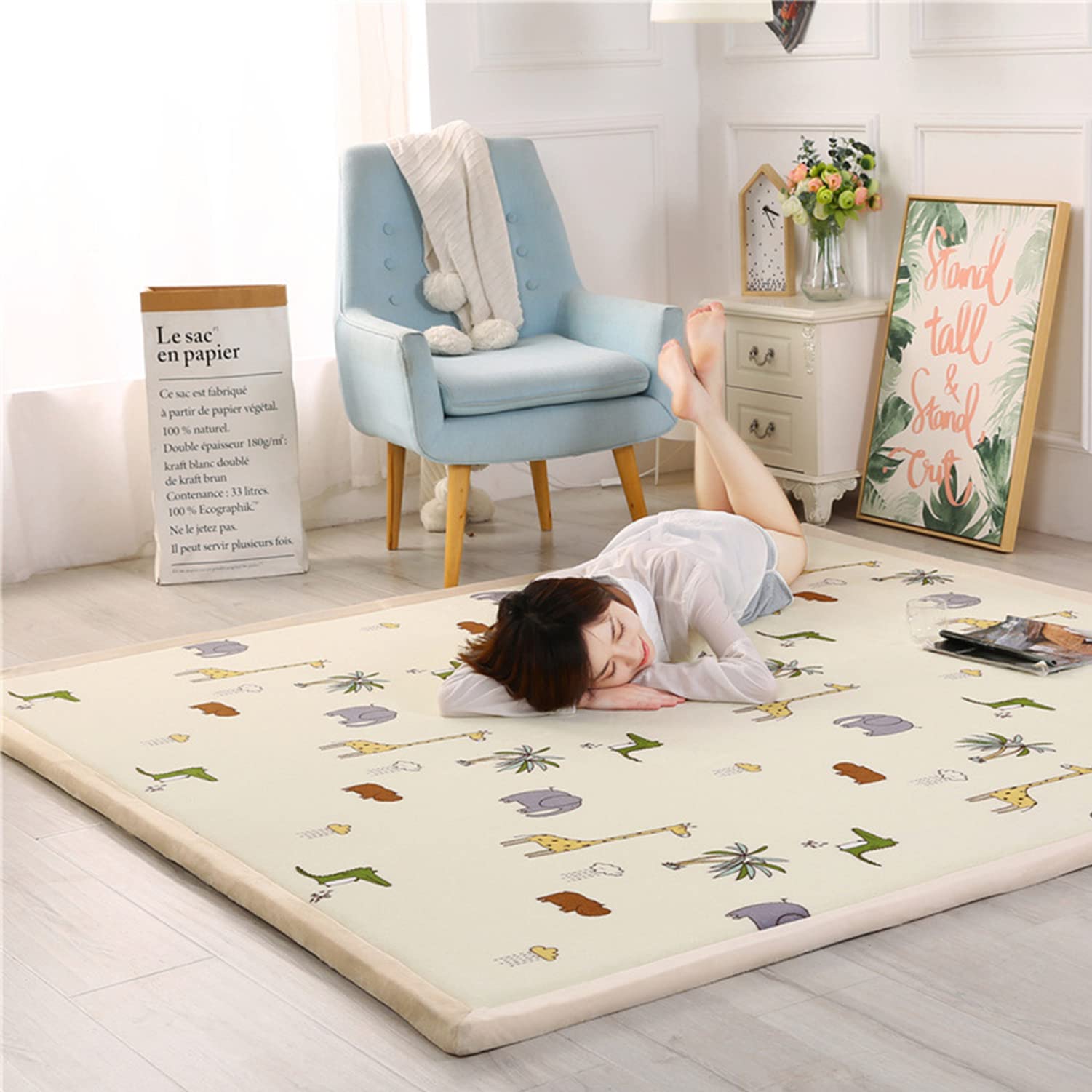 Loartee Soft Thick Coral Velvet Play Mat for Kids - 5x5 Feet Non-Toxic Anti-Skid Nursery Rug with Jungle Animals Design, Light Yellow Crawling Mat for Toddlers & Infants - Perfect for Playroom, Daycare, and Baby's First Steps (150x150cm)