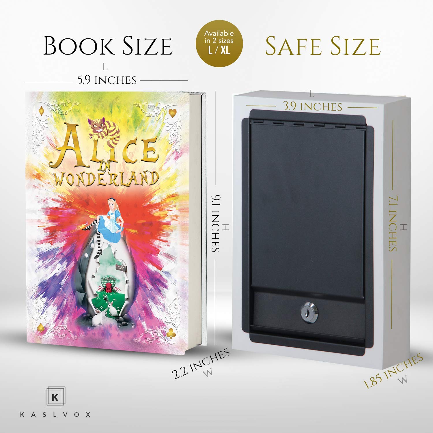 Fake Book Box Safe with Key Lock - Hidden Diversion Safe for Valuables - Secret Storage Disguised as a Book - Perfect for Home, Office & Travel Security (Large Size, Alice Design)