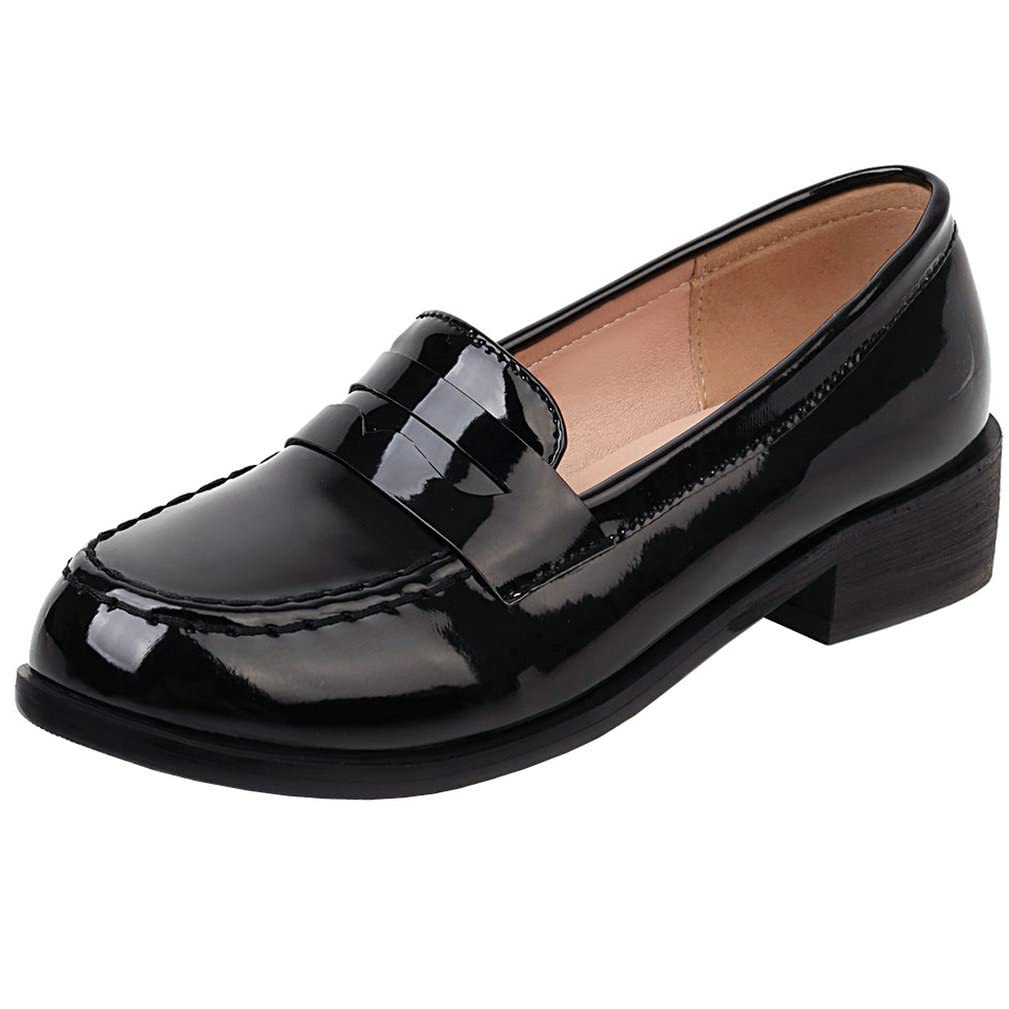 KISSASA Women's Patent Leather Loafers - Low Heel Round Toe Pumps with Block Heel | Comfortable Office Shoes & Casual Dress Shoes for Women