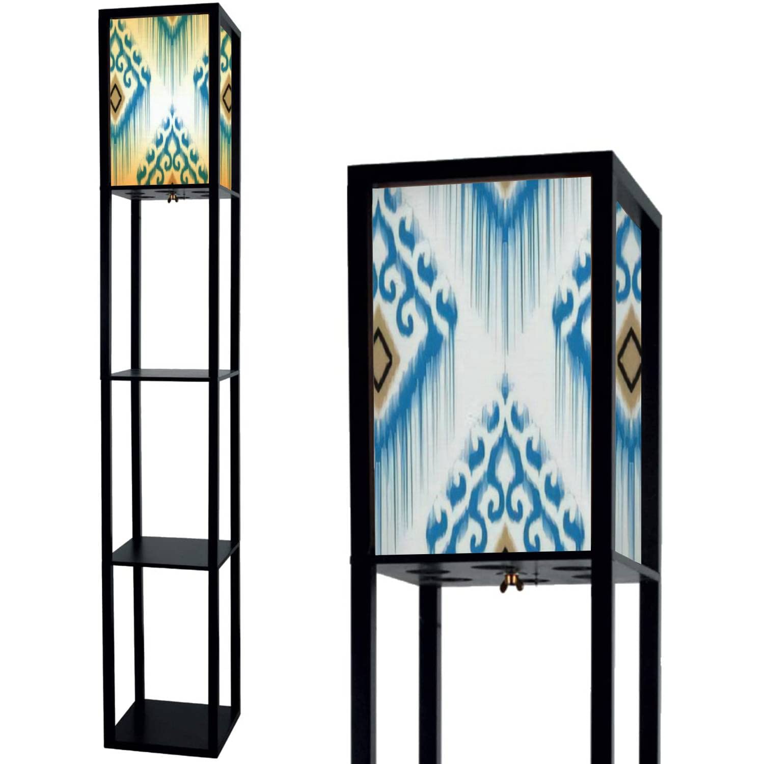 Ethnic Indian Ikat Seamless Design Fabric Carpet Mandala Standing Lamp with Shelves - Flaxen Fabric Shade Floor Lamp for Living Room, Bedroom, Office - Tall Corner Lamp with Aesthetic Decor for Home, Yoga Studio, Meditation Space
