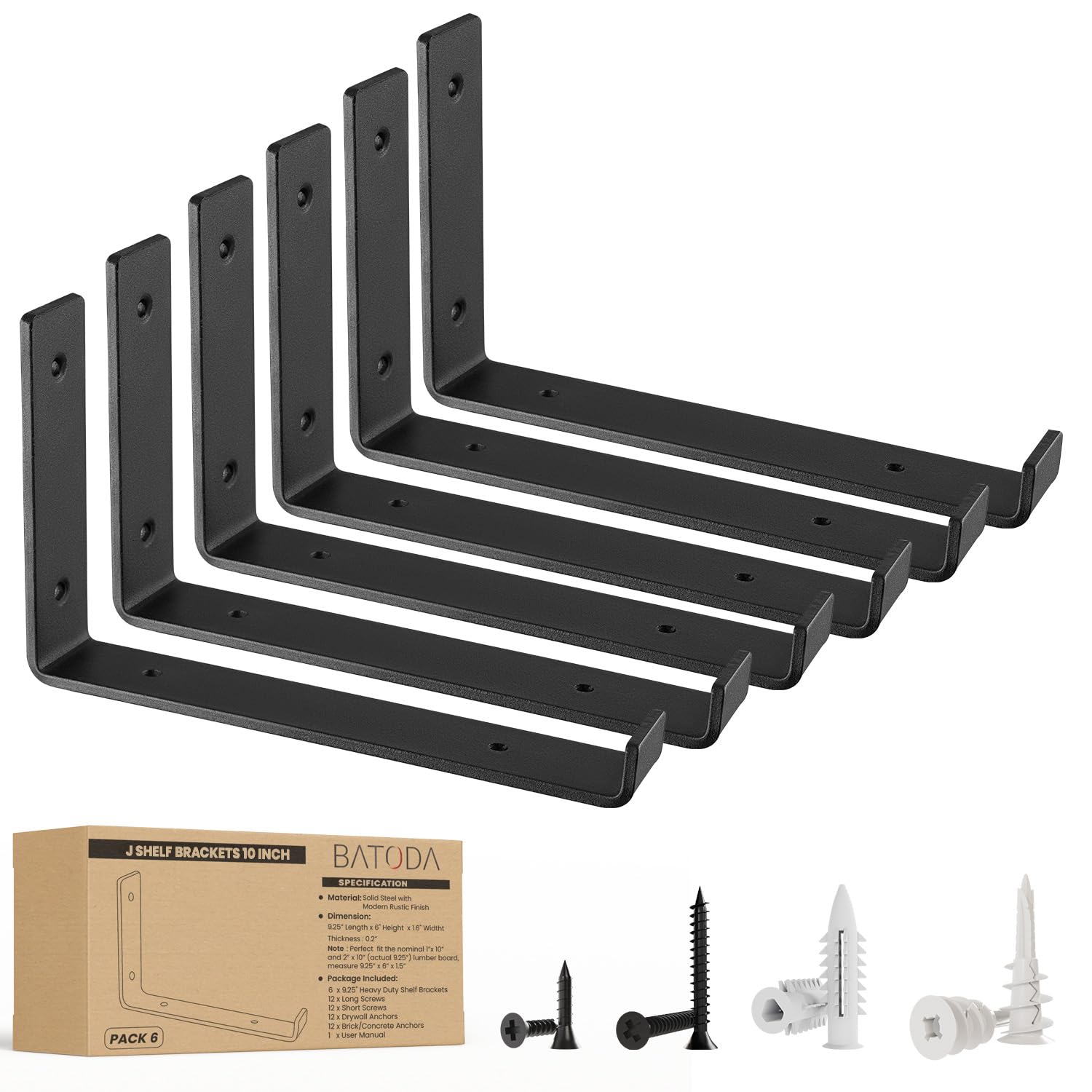 BATODA 10 Inch Heavy Duty Shelf Brackets with Lip - 6 Pack Black J Hook Brackets for Wall Mounted Shelves (Fits 9.25