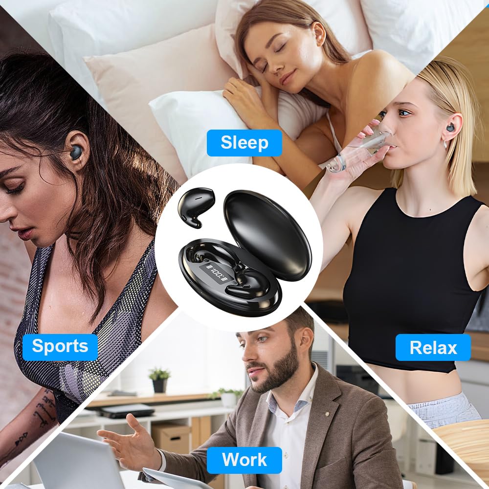 Wireless Bluetooth Sleep Earbuds for Side Sleepers - Noise Cancelling, Mini & Comfortable for Sleeping, Exercise, Working, Hiking & Sports (Black) | Perfect for Nighttime Rest, Travel & Office Use