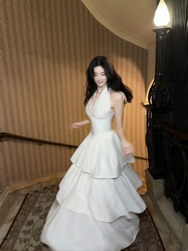 Elegant White Halter A-Line Tiered Prom Dress with V-Neck - Perfect for Evening Gala, Homecoming, and Formal Events | Style J6532