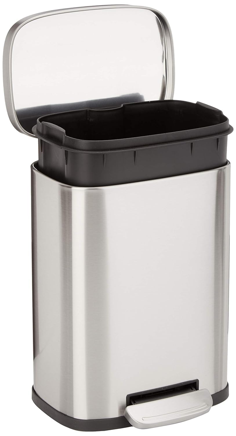 Amazon Basics Smudge Resistant Mini Rectangular Trash Can with Soft-Close Foot Pedal - 5L/1.3 Gallon Brushed Stainless Steel Bathroom Waste Bin for Small Spaces (7.3x8.5x11.8 Inches, Silver) | Perfect for Bathrooms, Offices, Dorm Rooms & Tight Spaces