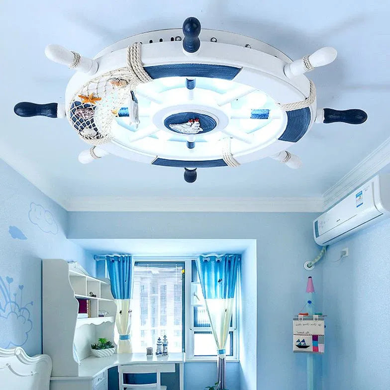 Nautical Ship Wheel Ceiling Light - Blue and White Vintage Style for Coastal, Beach House, or Marine-Themed Decor