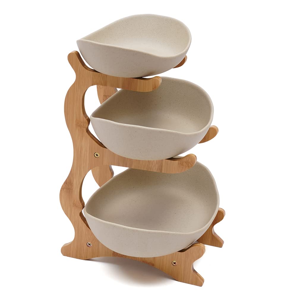 3-Tier Ceramic Fruit Basket Bowl Set - Oval Serving Bowl for Fruits, Vegetables, Snacks, Candy & Sushi Display | Perfect for Kitchen Counter, Dining Table, Party Buffet & Home Decor (Brown)