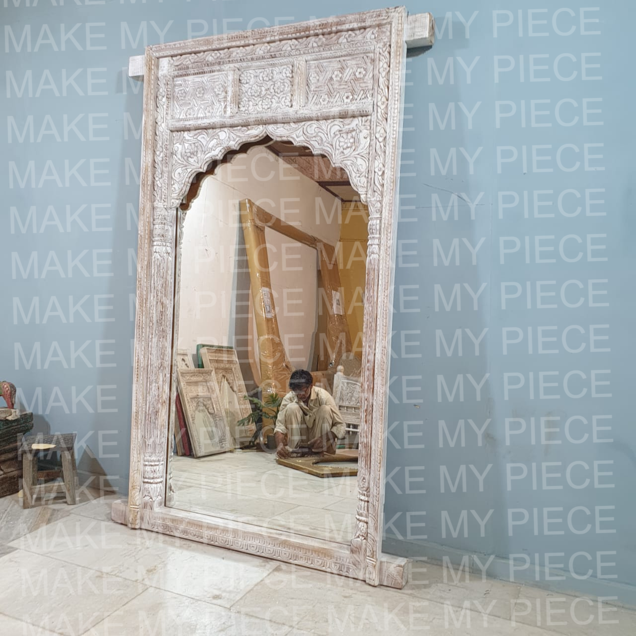 Hand Carved Indian Arch Mirror Frame with Bleach Finish - Deborah - Elegant Home Decor for Living Room, Bedroom, or Entryway