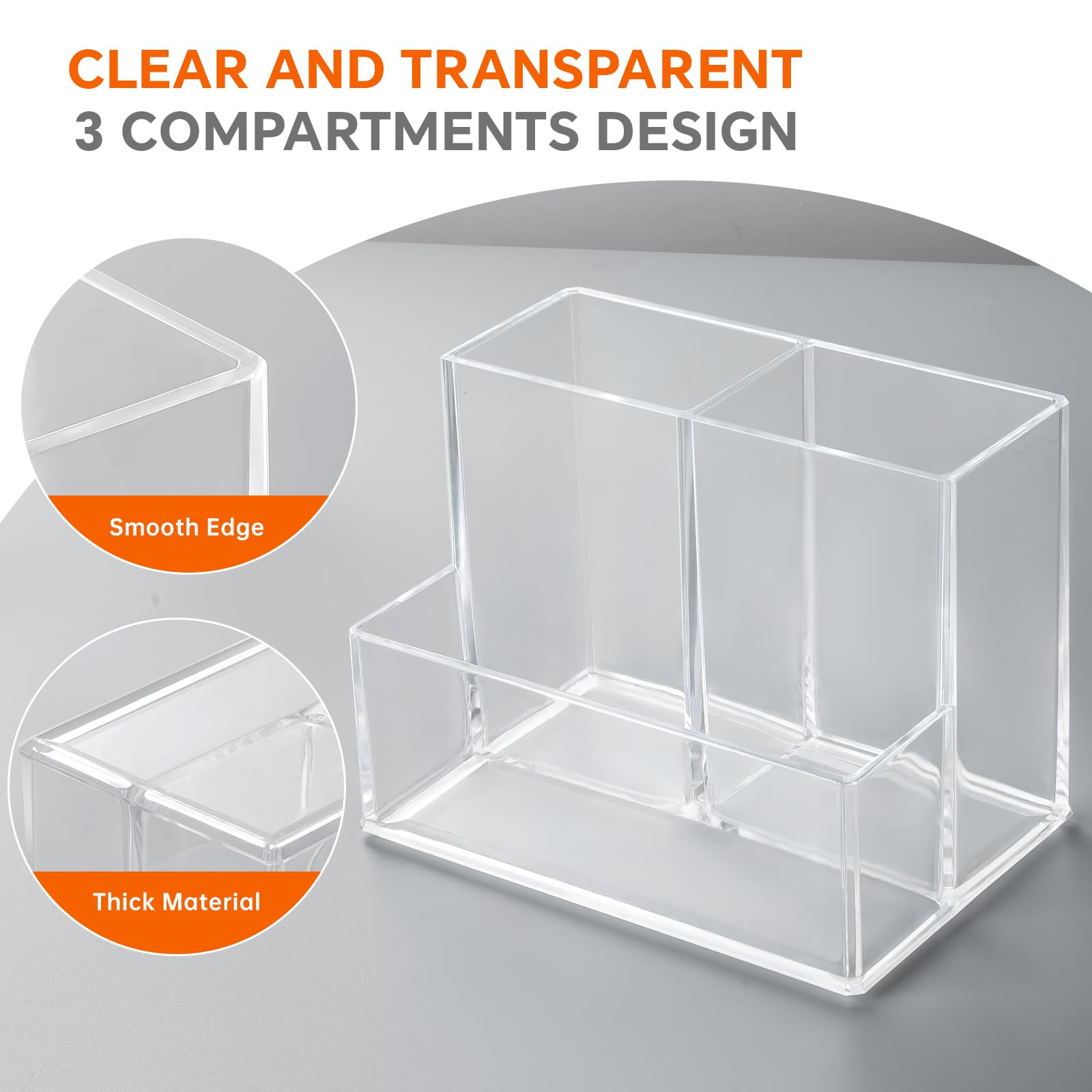 Clear Acrylic Pen Holder for Desk - 3 Compartment Pencil Organizer for Markers, Pens & Office Supplies | Perfect for Home, Office, Classroom & Bathroom Organization | Great for Desk Accessories & School Supplies