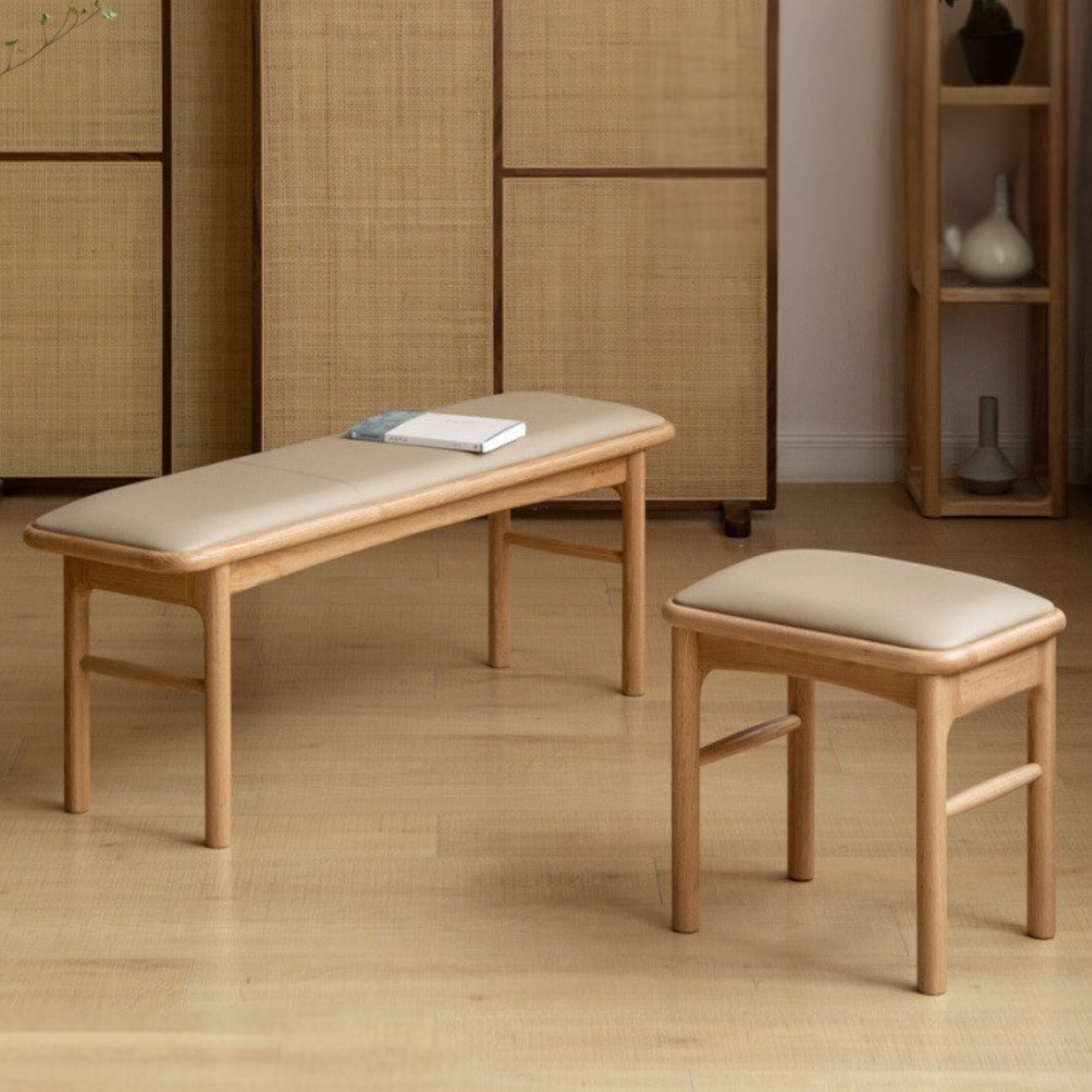 Solid Oak Wood Modern Soft Tea Stool - Comfortable & Stylish Footrest Ottoman for Living Room, Bedroom, or Tea Ceremony