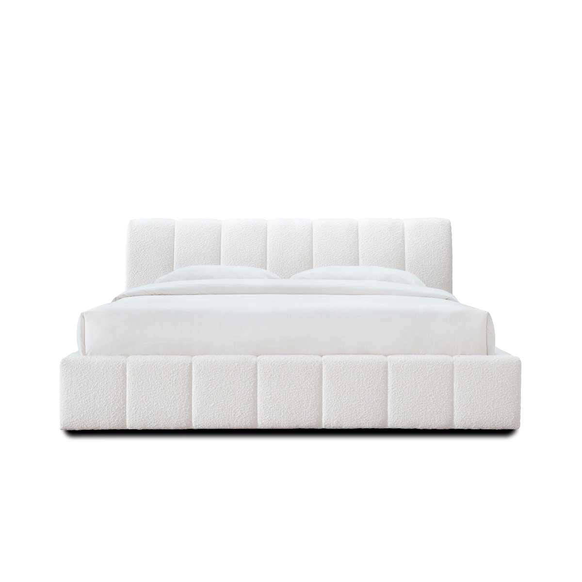 Allocco King Size Bed Frame - White Boucle Upholstered Platform Bed with Wooden Slats | Perfect for Modern Bedroom, Guest Room & Master Suite
