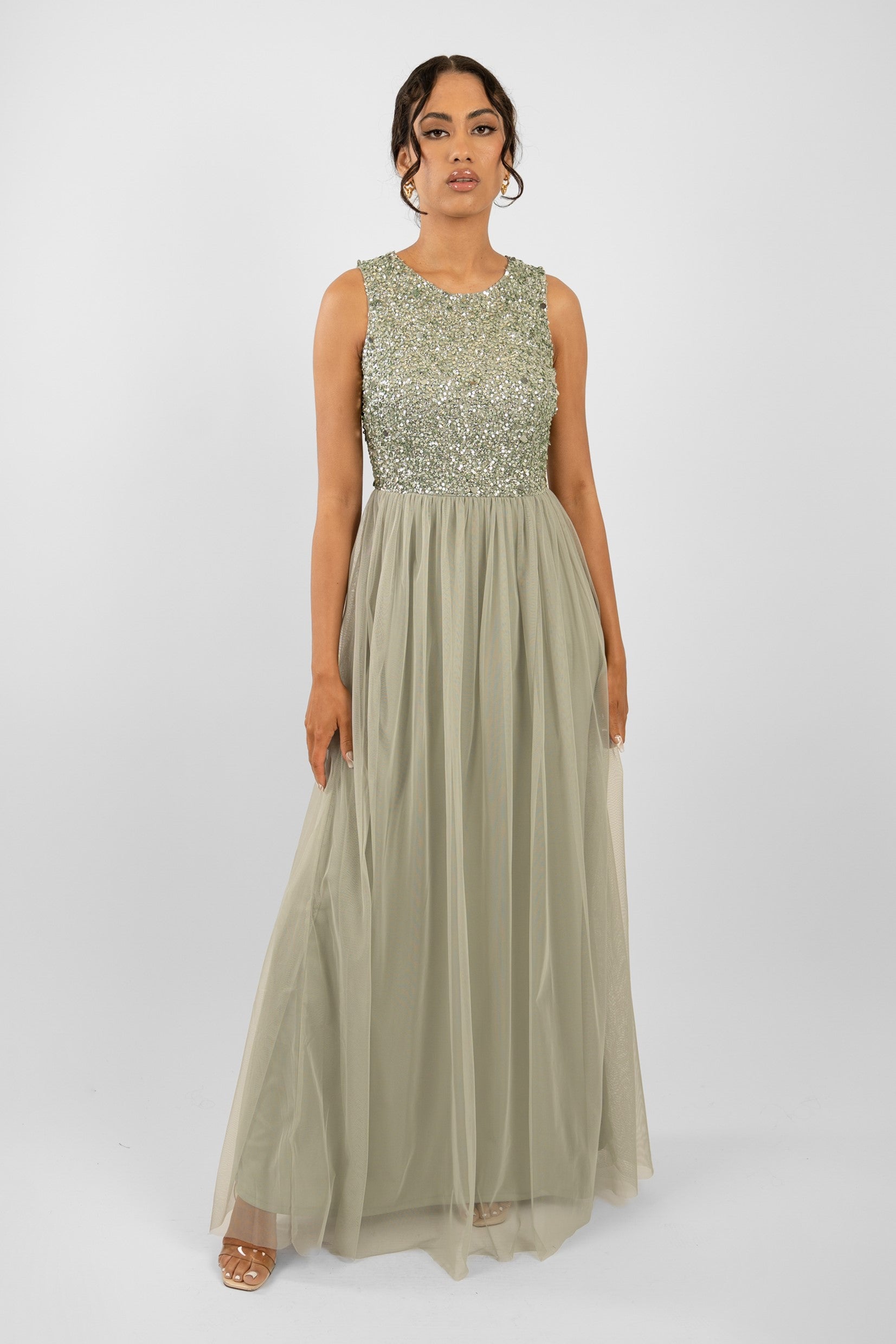 Elegant Sage Green Embellished Bridesmaid Dress - Perfect for Weddings, Formal Events & Special Occasions