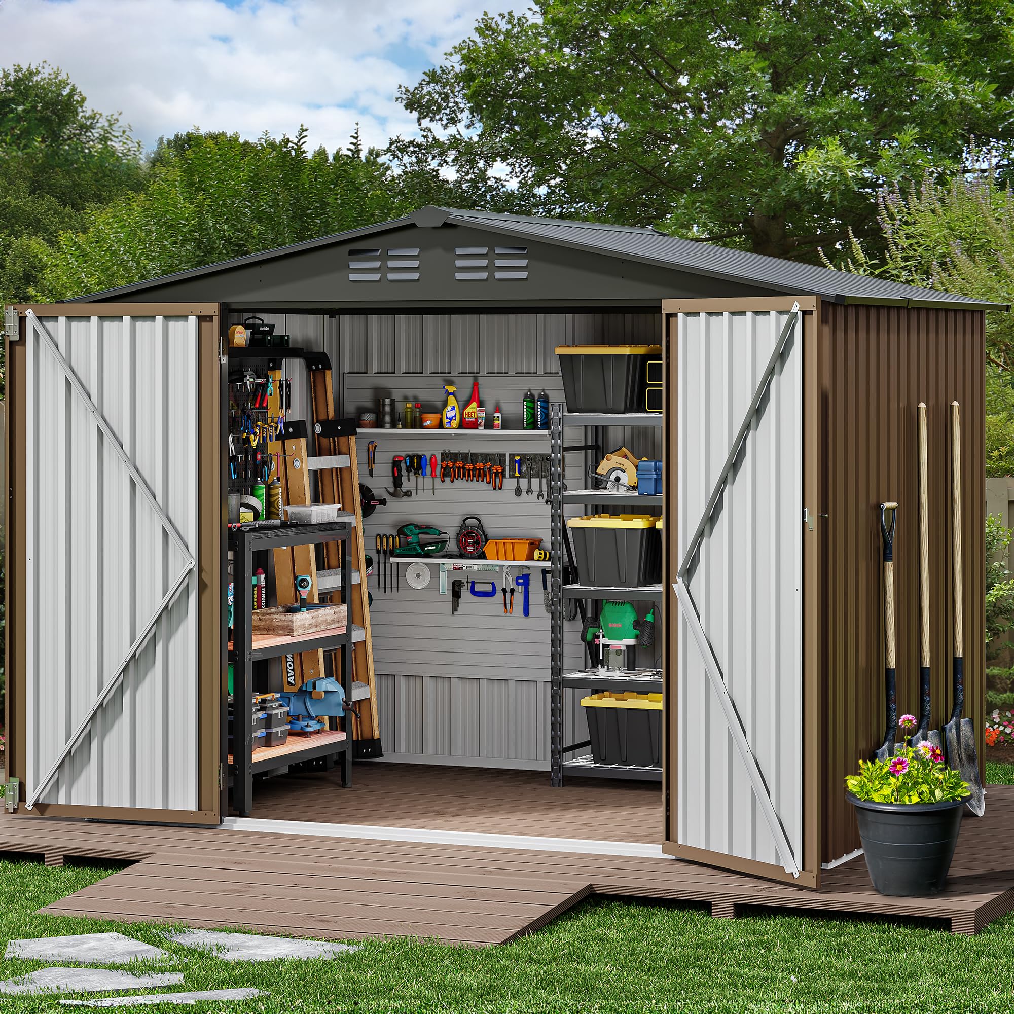 DWVO 8x6 FT Heavy Duty Outdoor Metal Storage Shed - Large Lockable Tool Shed with Air Vent for Backyard, Patio & Lawn - Perfect for Storing Bikes, Tools, Lawn Mowers & Outdoor Equipment | Durable Weatherproof Garden Storage Solution