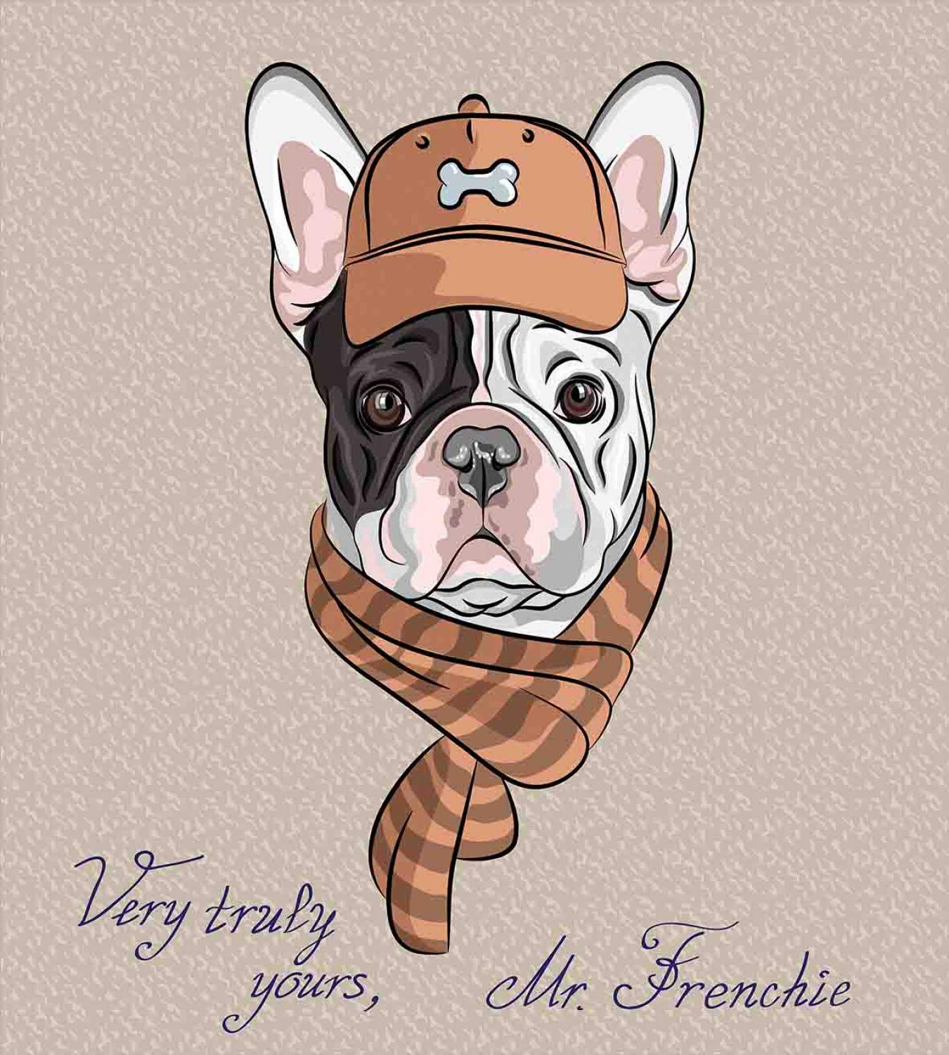 Ambesonne Dog Duvet Cover Set - Cartoon Bulldog with Cap & Scarf French Fashion Print, 3-Piece Queen Size Bedding Set with 2 Pillow Shams in Tan & Brown | Perfect Gift for Dog Lovers, Cozy Bedroom Decor for Winter