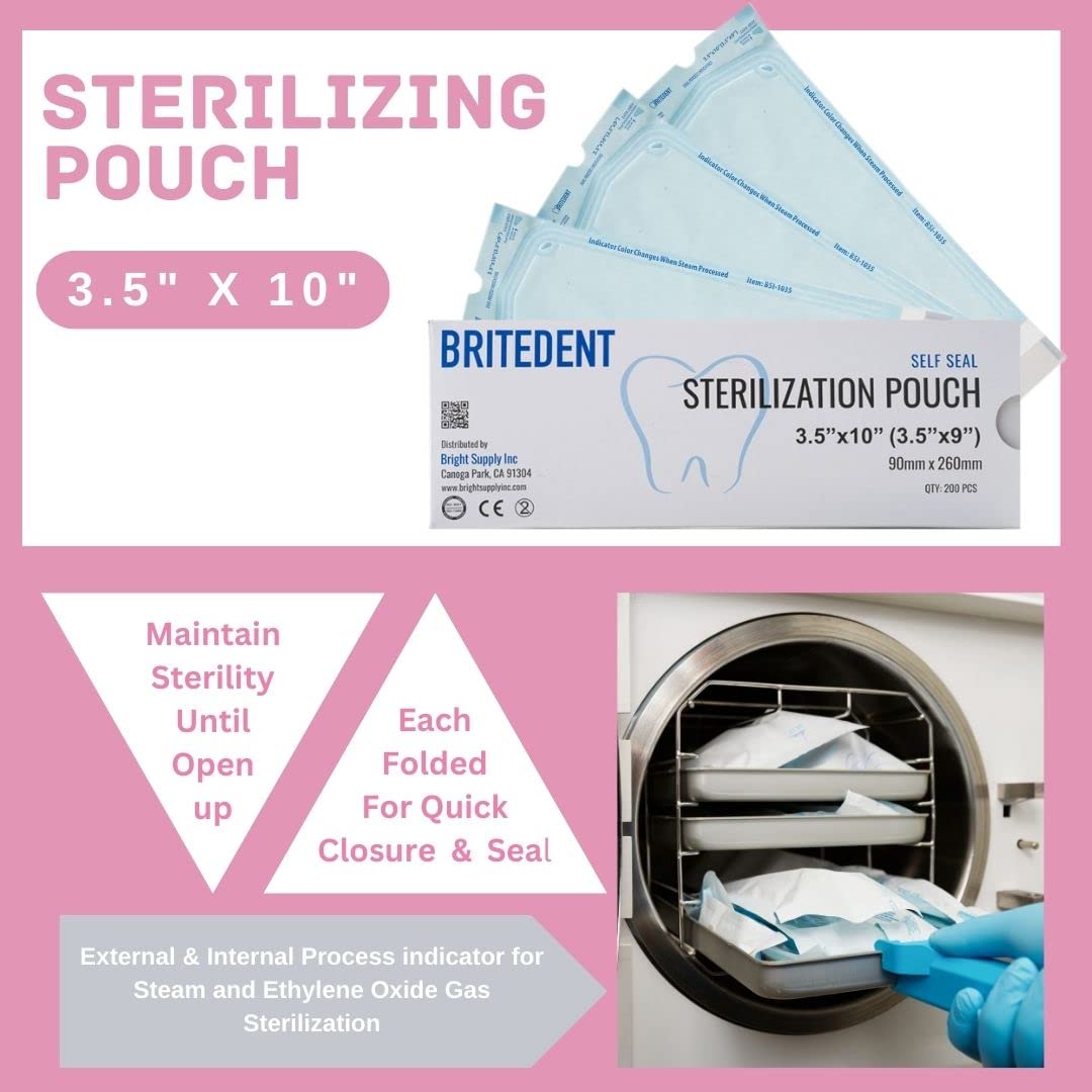 Self Sealing Sterilization Pouches 3.5” x 10” - 200 Pack Autoclave Bags for Dental & Medical Instruments | Triple Check Sterilization Technology | Perfect for Clinics, Hospitals & Tattoo Studios
