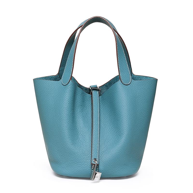 Women's Leather Handbag - Lychee Pattern Top Handle Tote with Lock Bucket Design, Stylish Hobo Bag for Work, Travel & Daily Use | Solid Color Shoulder Bag for Women