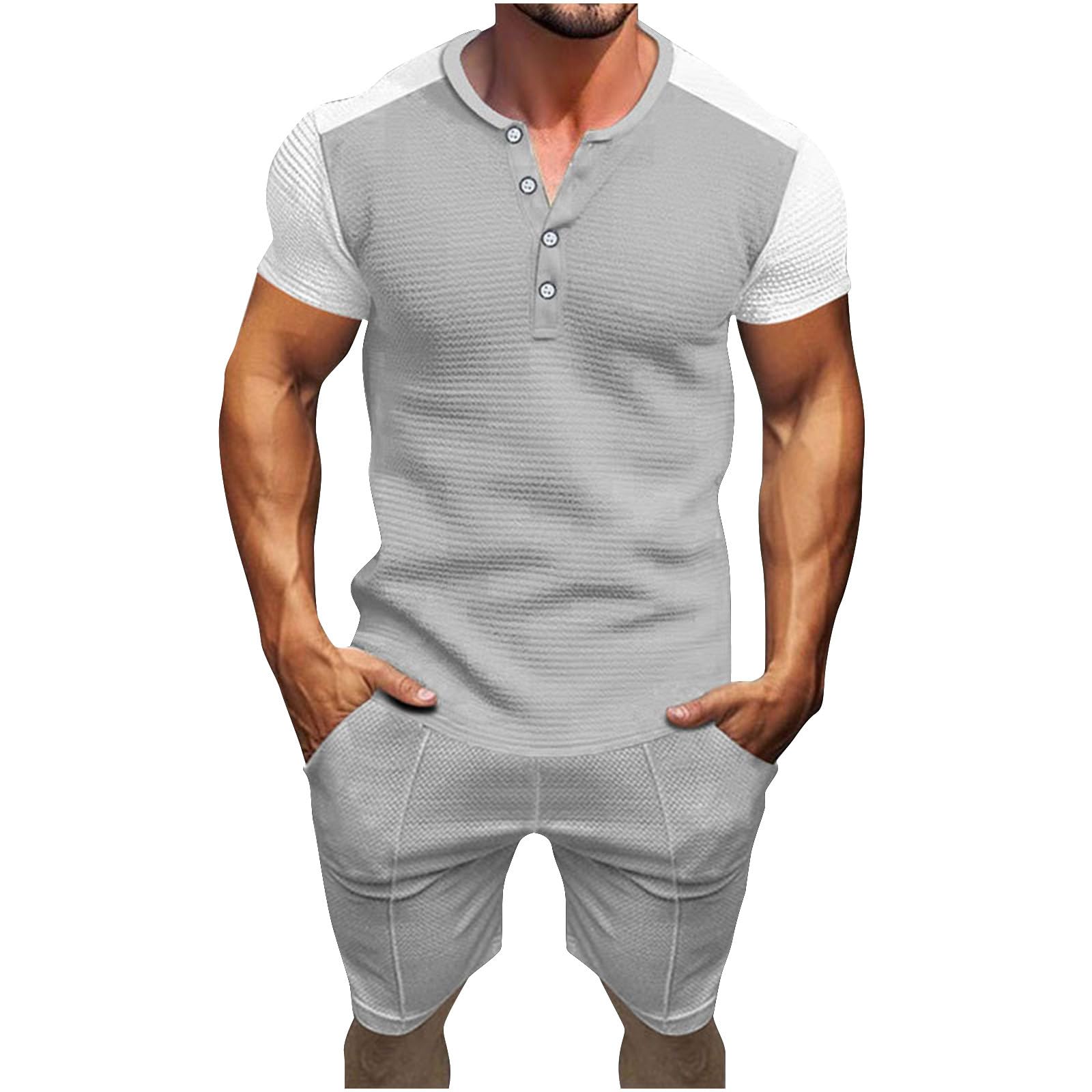 Men's Waffle Knit Henley Shirt & Shorts Set - 2 Piece Summer Outfit for Sports, Beach & Casual Wear with Pockets | Breathable Comfort for Gym, Vacation & Everyday Use