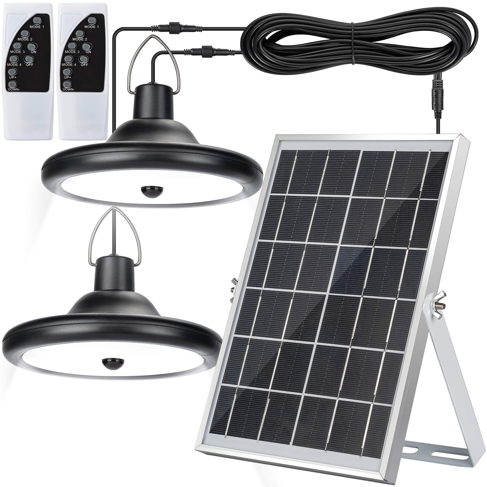 Dual Head Solar Shed Light with Motion Sensor - JACKYLED Solar Pendant Light, IP65 Waterproof Outdoor LED Light with 4 Modes & Dimmable Remote, 16.4Ft Cord - Perfect for Patio, Barn, Chicken Coop, Gazebo, Garage (Cool White)