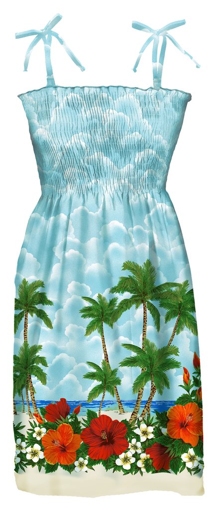 RJC Women's Hibiscus Shores Hawaiian Smocked Sundress - Blue XS - Floral Print Beach Dress for Summer Vacation, Pool Party & Tropical Getaway