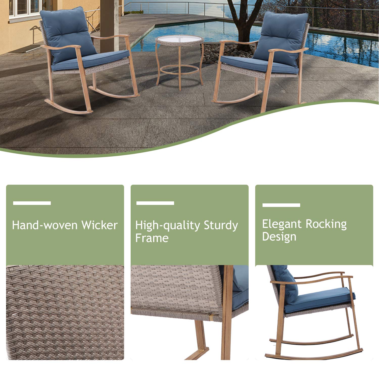HOMPUS 3-Piece Outdoor Rocking Chair Set with Wicker Patio Furniture, Wood Armrests & Warm Gray Cushions - Includes Glass Coffee Table for Porch, Balcony, Garden | Perfect for Relaxing, Entertaining & Outdoor Dining
