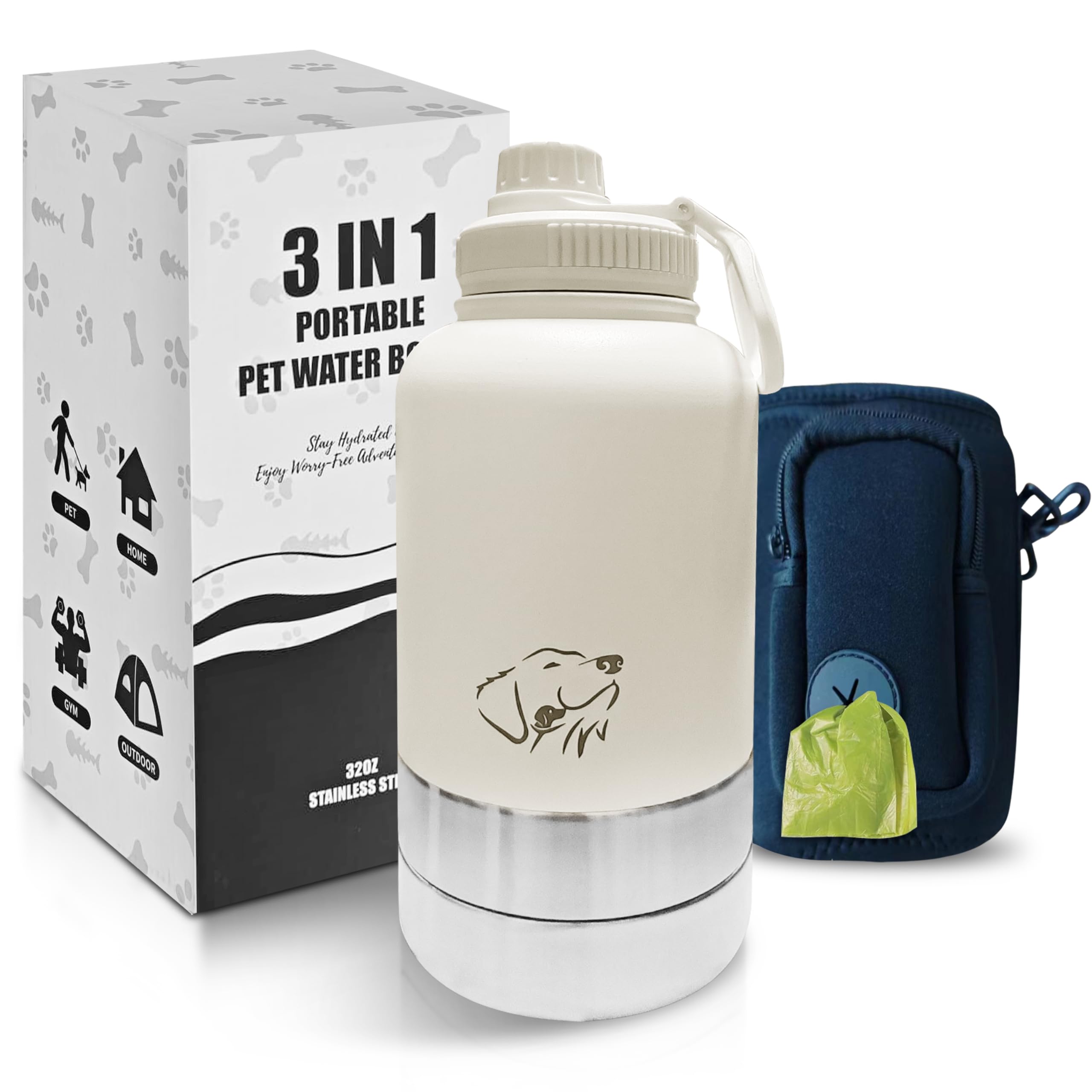 Stainless Steel Insulated Dog Water Bottle - 32oz Portable Travel Water Dispenser with 2 Bowls, Carrying Case & Strap | Leak Proof Double Wall Design for Hiking, Camping, and Outdoor Adventures with Pets