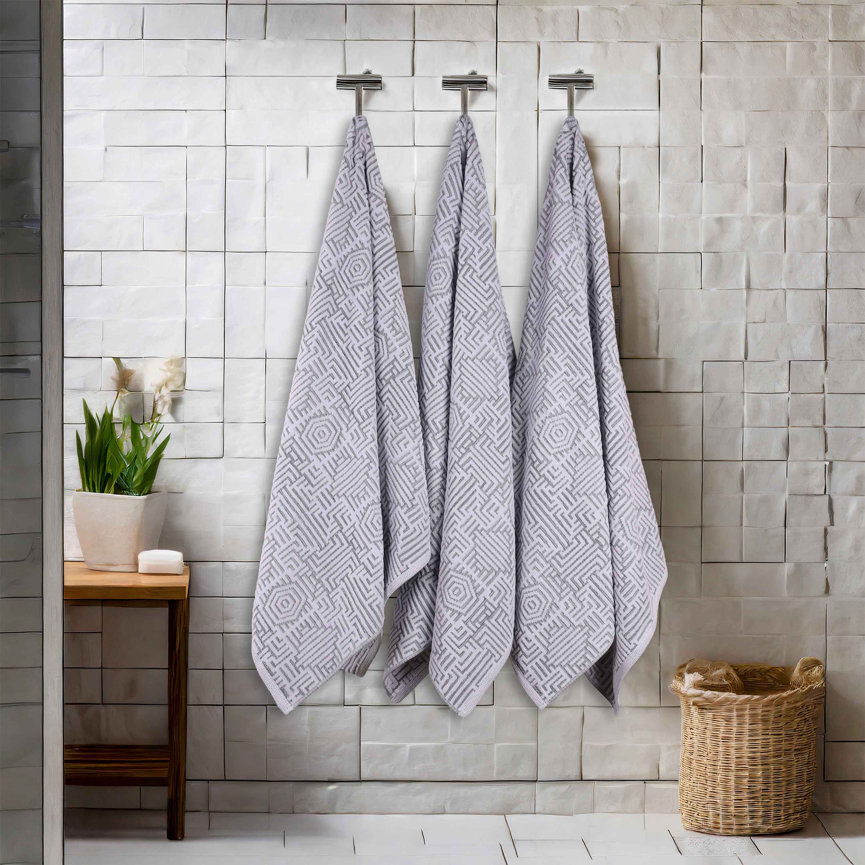 Premium Cotton Modern Geometric Jacquard Plush Bath Towel Set - Ultra Absorbent & Quick Dry - 3-Piece Luxury Bathroom Towel Set for Spa, Hotel & Home Use