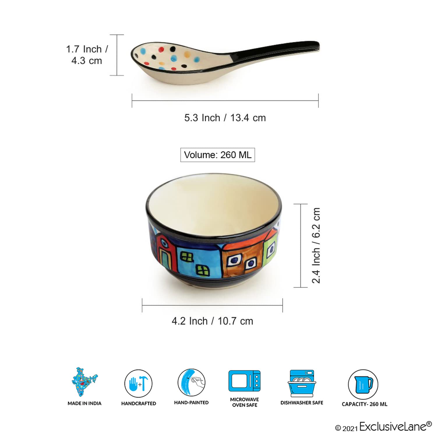 ExclusiveLane 'Soupy Huts' Handpainted Ceramic Soup Bowl with Spoon Set of 4 (260ml, Dishwasher & Microwave Safe) | Elegant Soup Bowls for Family Dining, Restaurant Use & Gift Giving