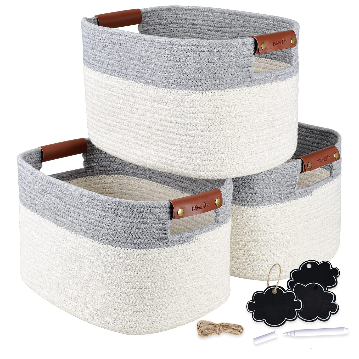 NaturaClo Cotton Rope Storage Basket Set of 3 - Decorative Woven Baskets with Leather Handles & Chalk Tags | 15