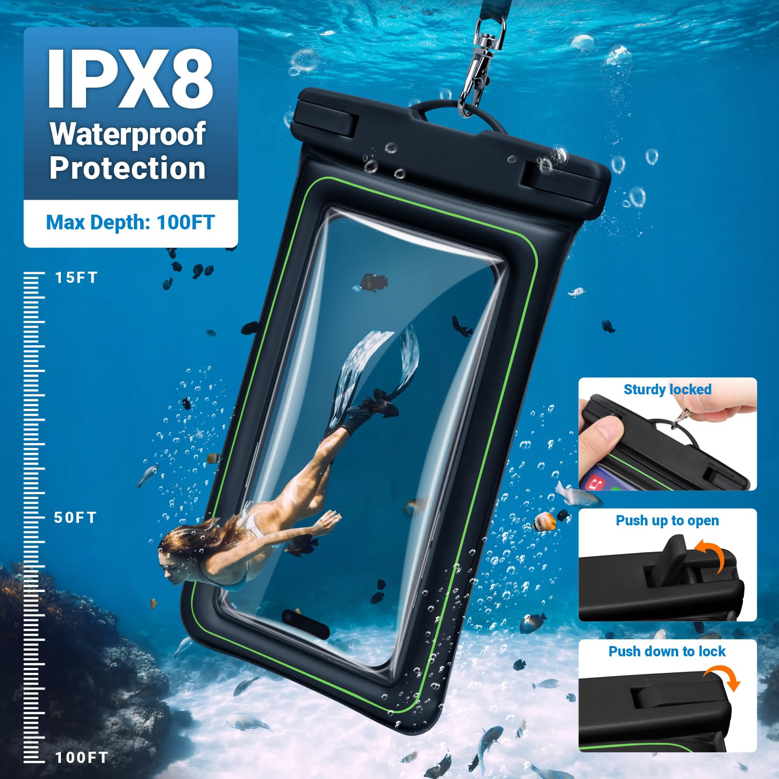 **F-color IPX8 Waterproof Phone Pouch – Floating Phone Case with Sponge Air Cushion (2 Pack) – Waterproof Phone Bag for iPhone Up to 7